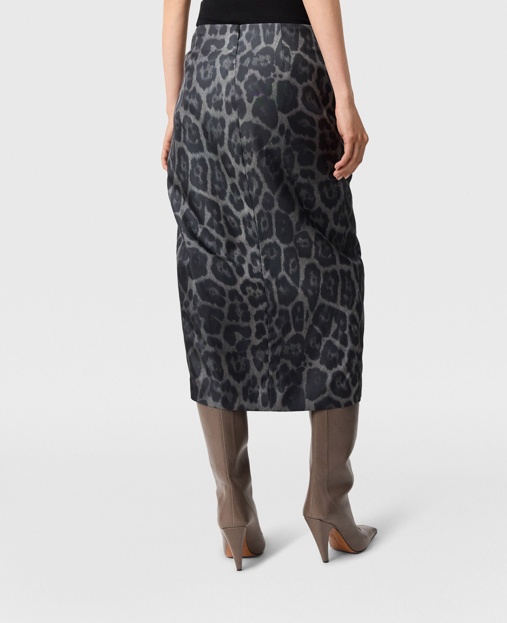 Knotted Asymmetric Leopard Midi Skirt-Grey-large image number 4