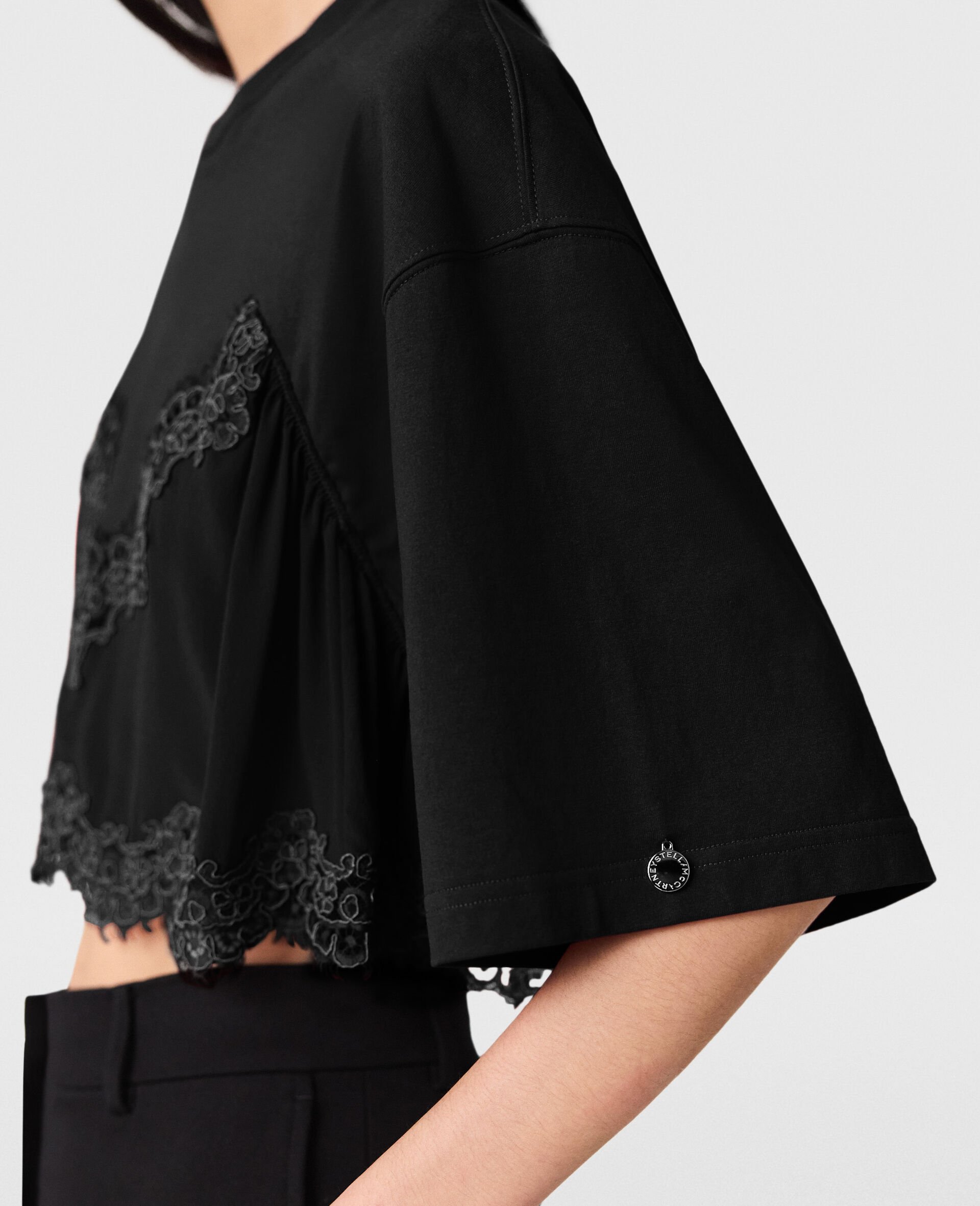 T-Shirt Corta con Inserto in Pizzo-Nero-large image number 2