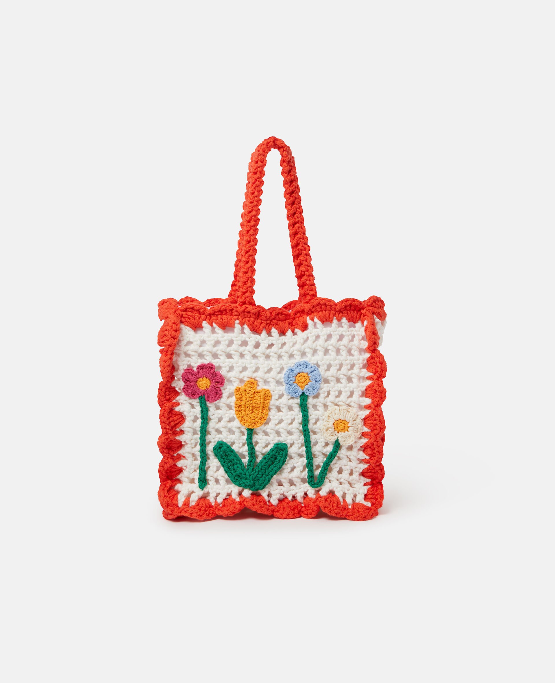 Floral Appliqu&eacute; Crochet Tote Bag-White-medium