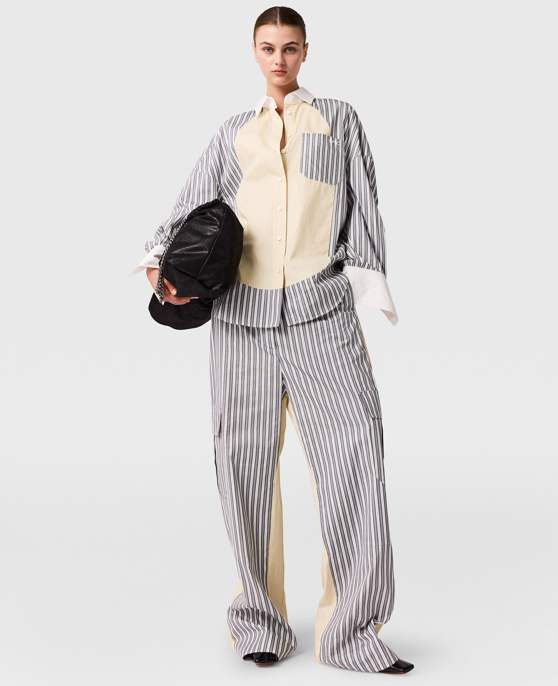 Pantaloni Cargo Oversize a Righe Miste-Grigio-large image number 5