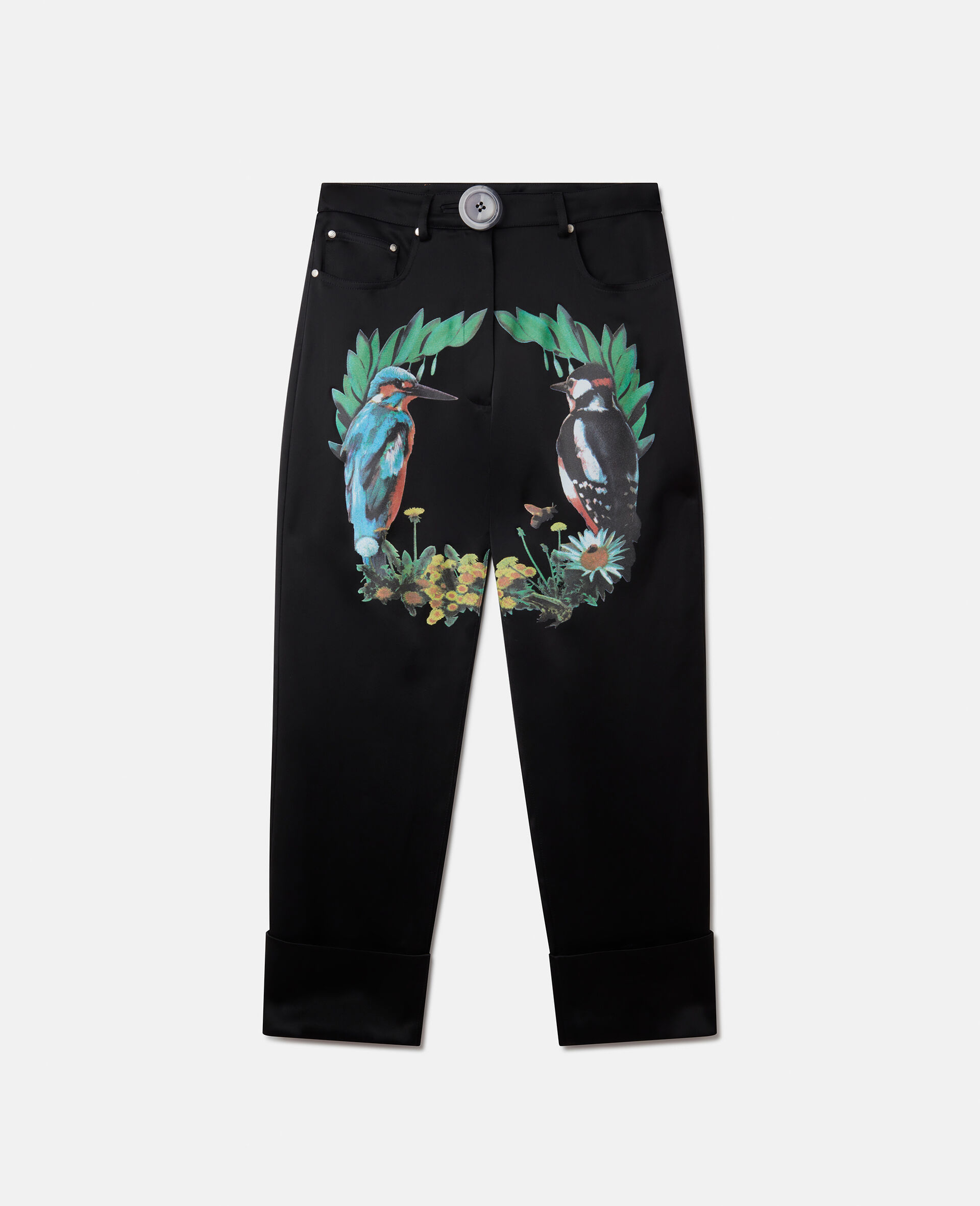 Bird Crest Print Satin Tailored Trousers-Black-large image number 0