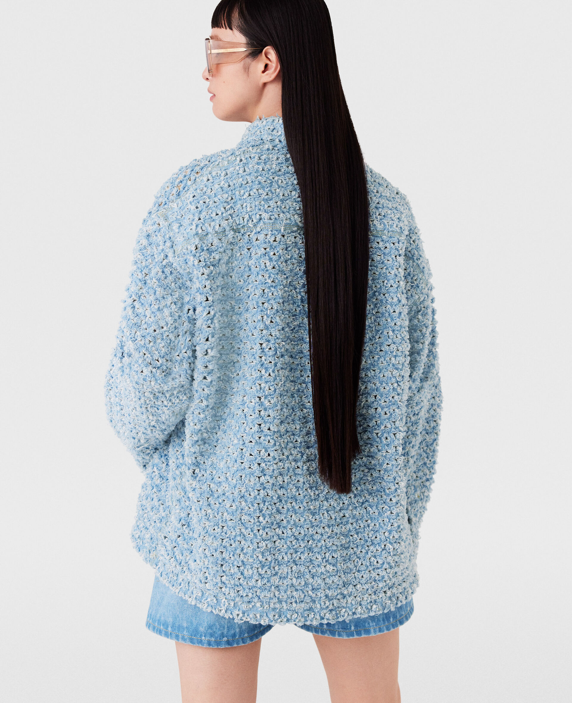 Oversized Denim Bouclé Shirt-Blue-large image number 3