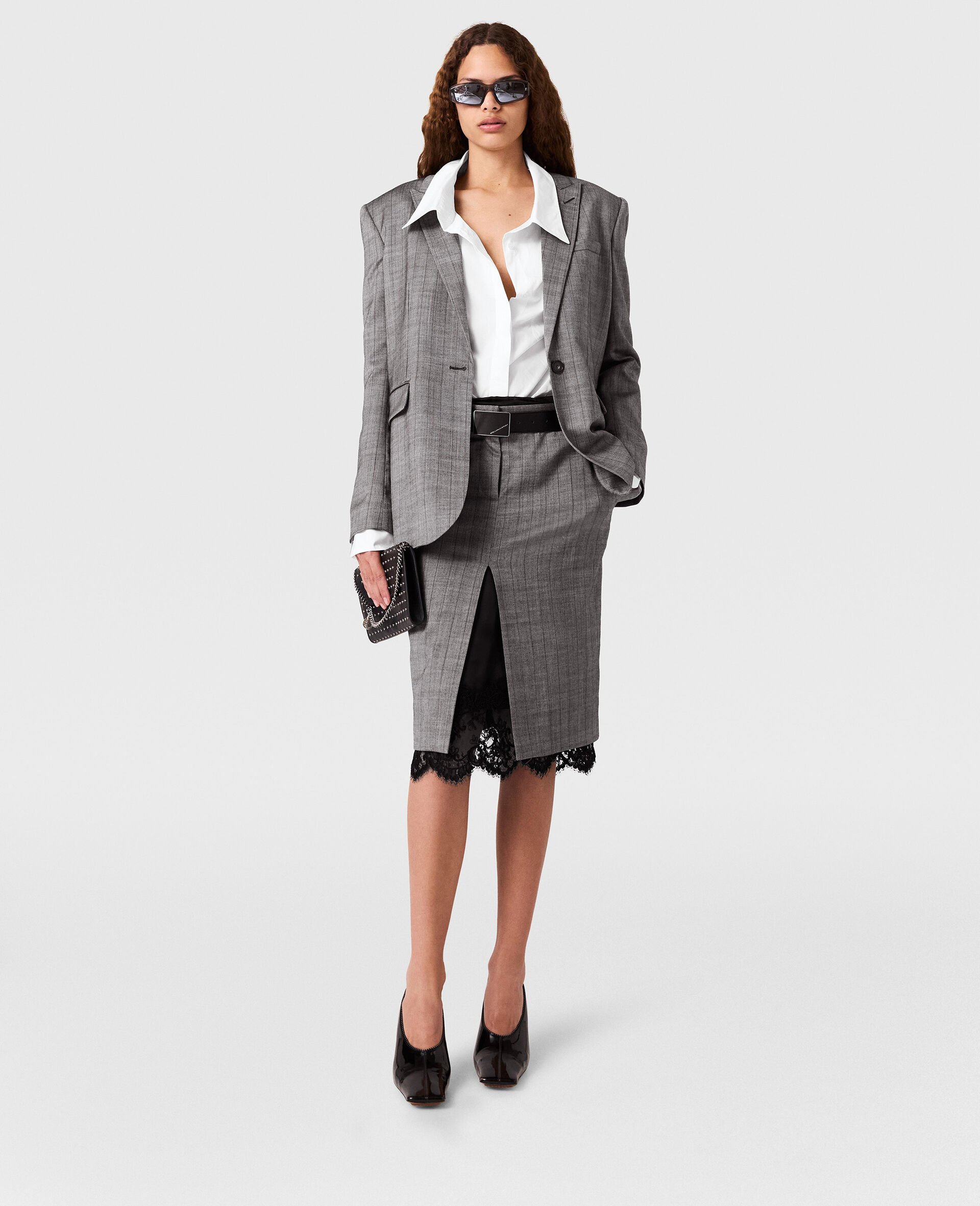 Gonna Midi Gessata con Dettagli in Pizzo-Grigio-medium