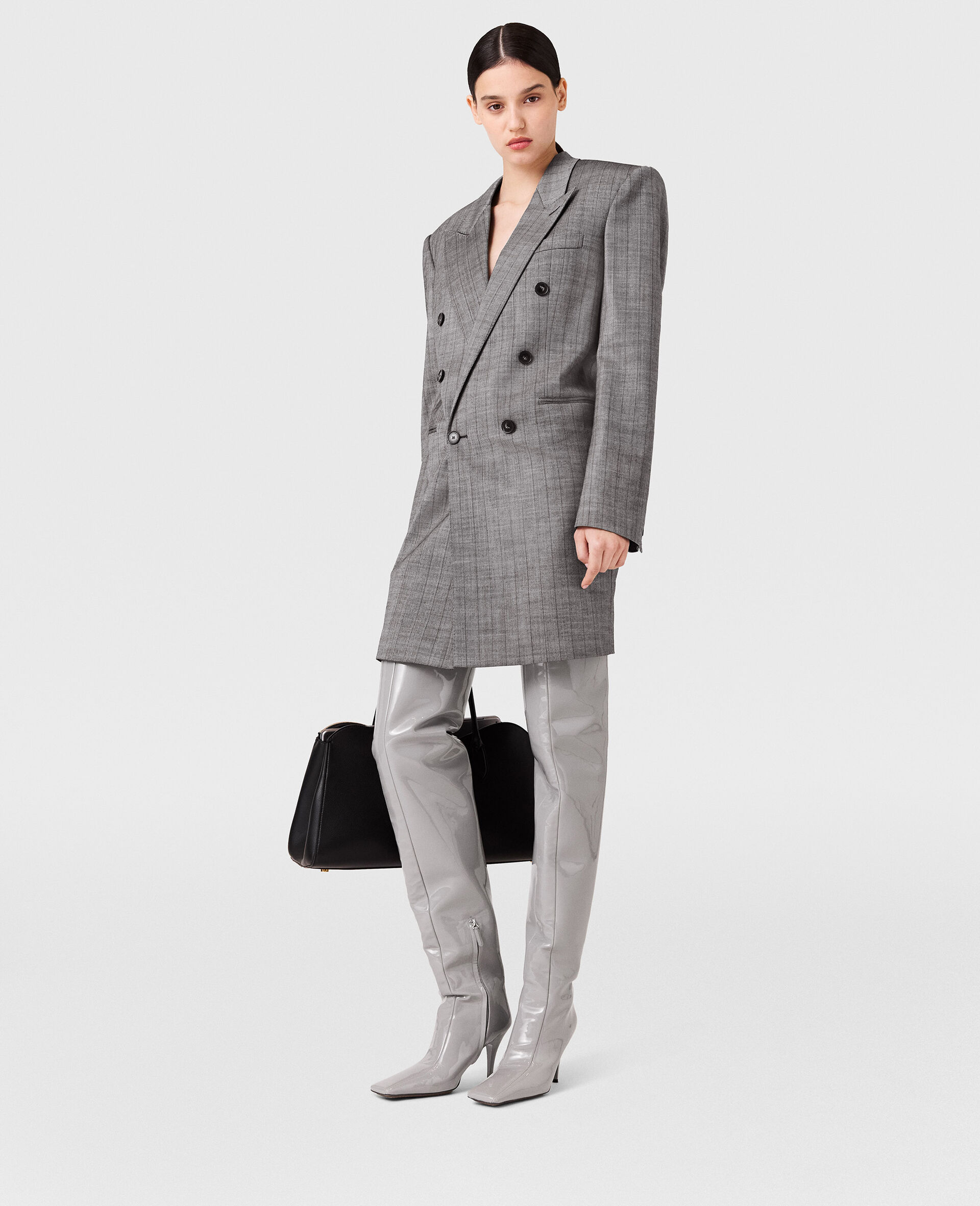 Double-Breasted Pinstripe Blazer Mini Dress-Grey-model