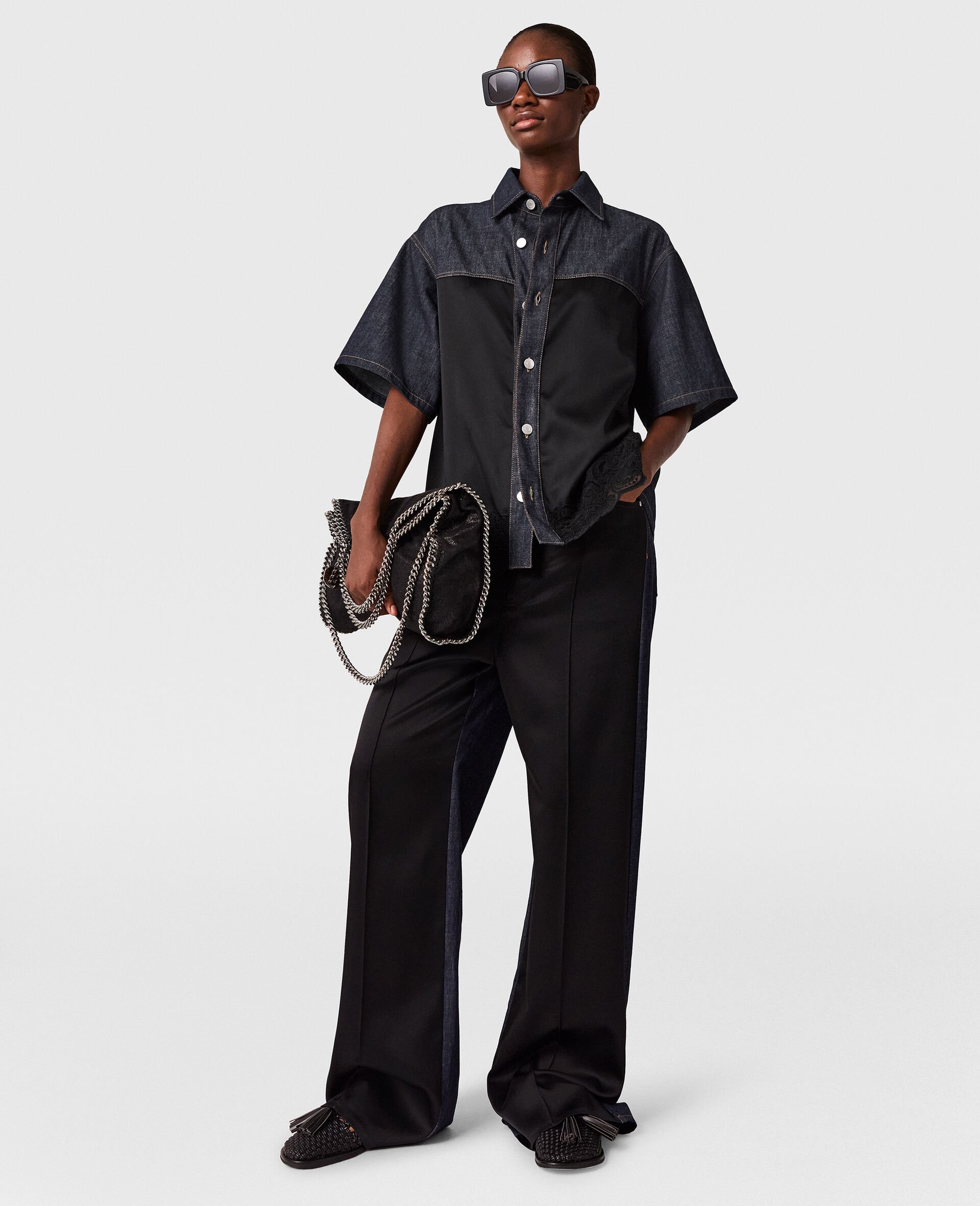 Wide-Leg Satin-Panel Denim Jeans-Blue-medium