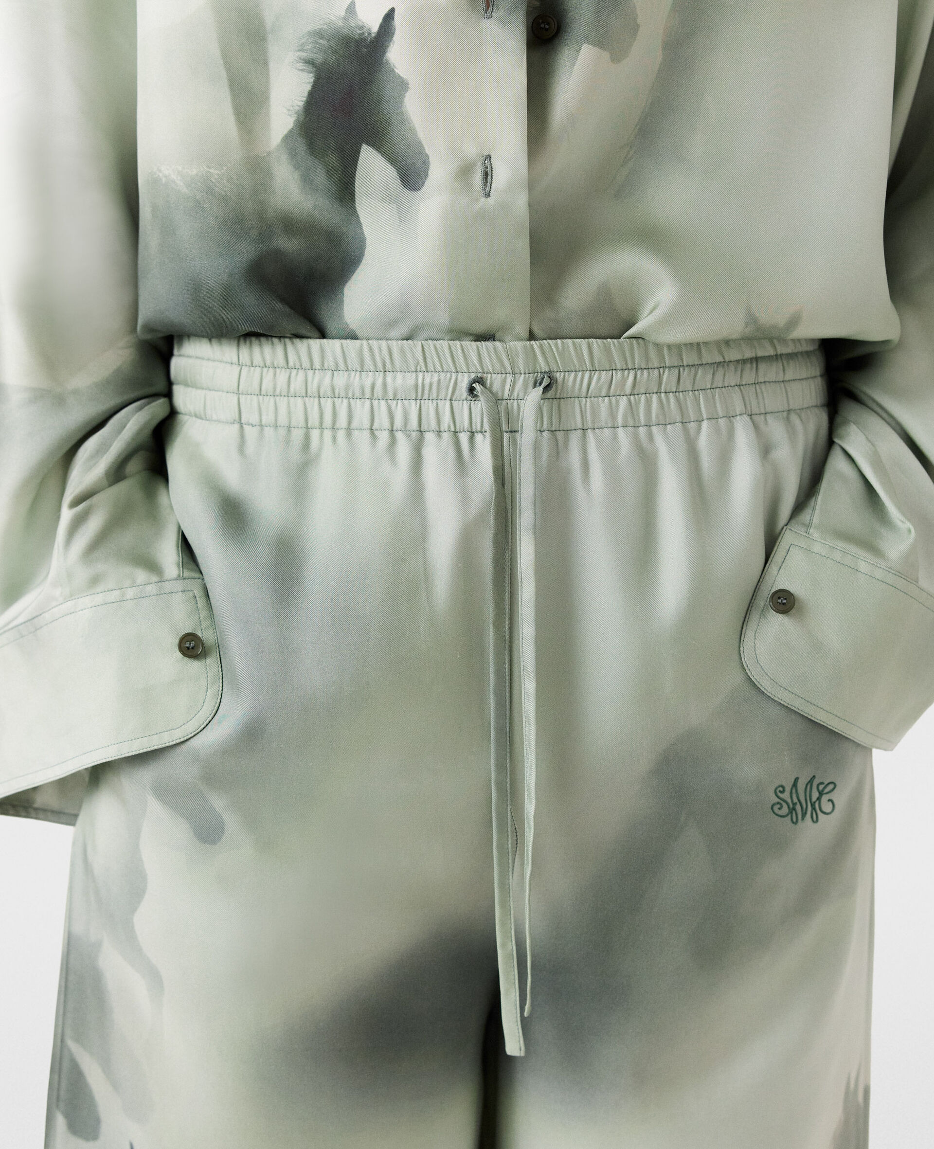 Drawstring Horse Print Trousers-Green-large image number 3