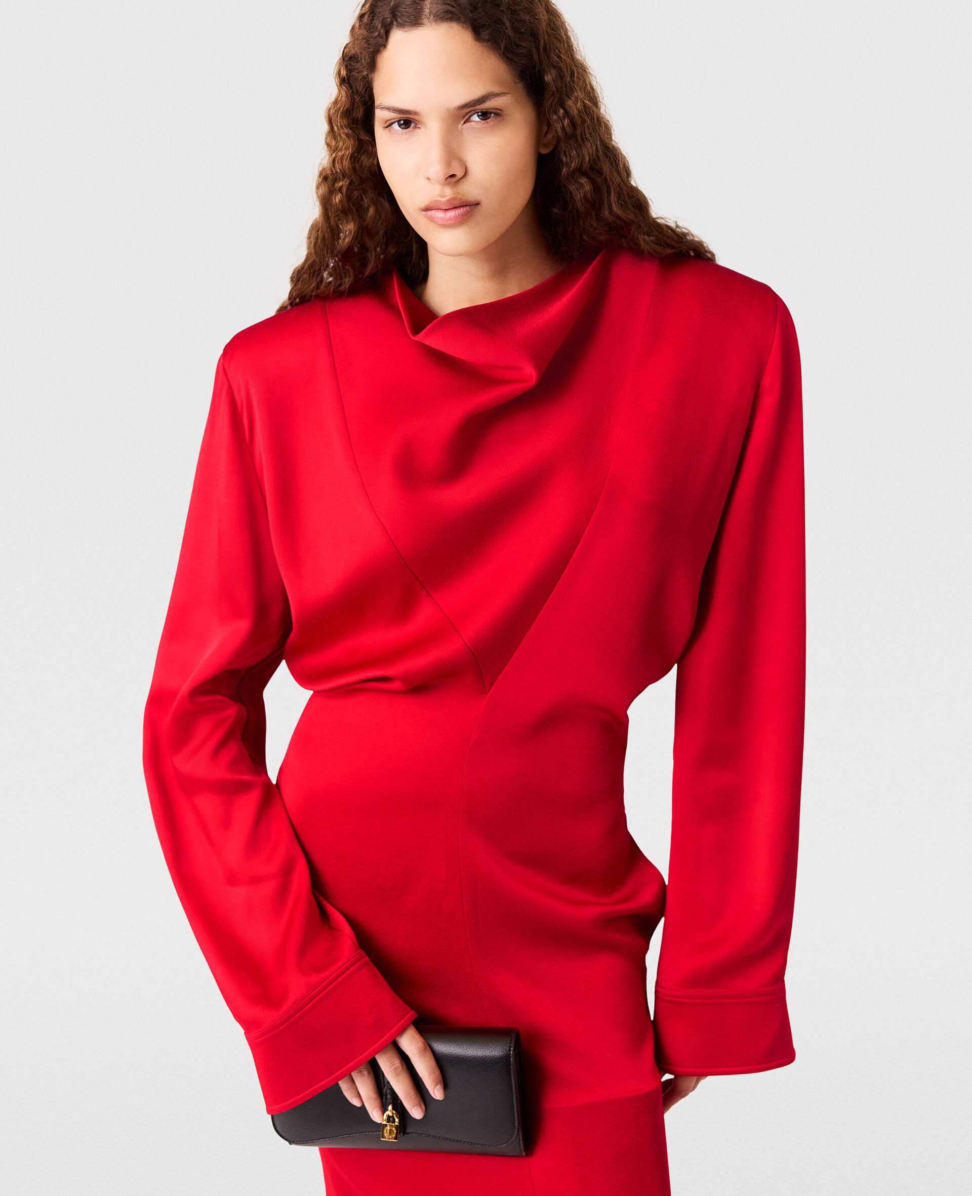 Cowl Neck Long-Sleeve Midi Dress-Red-large image number 3