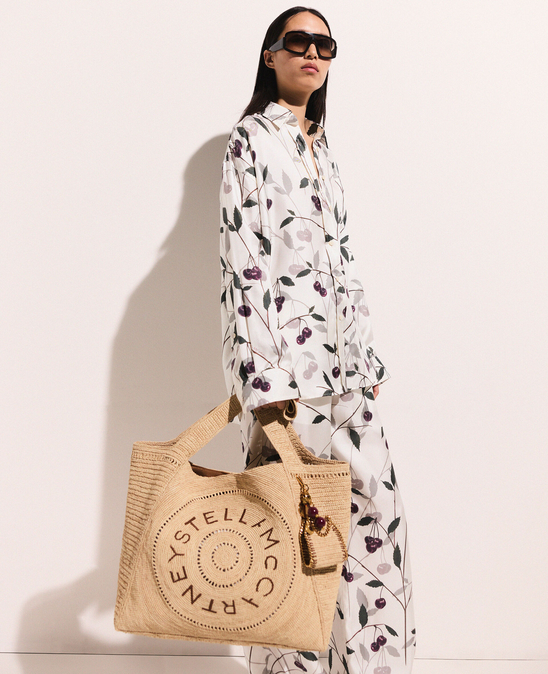 Cherry Print Oversized Shirt-Beige-model