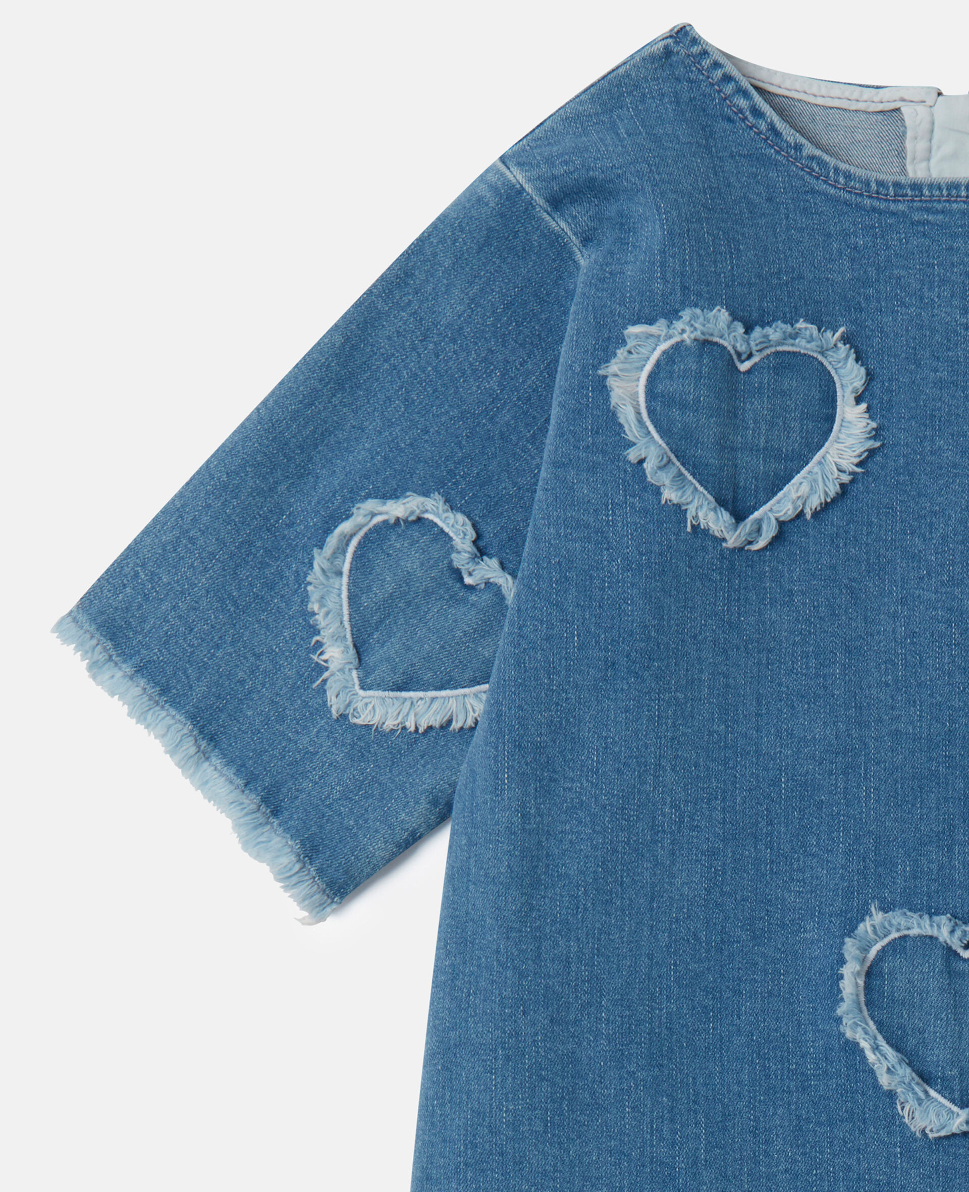 Fringed-Heart Patch Stretch-Denim Dress-Blue-large image number 3