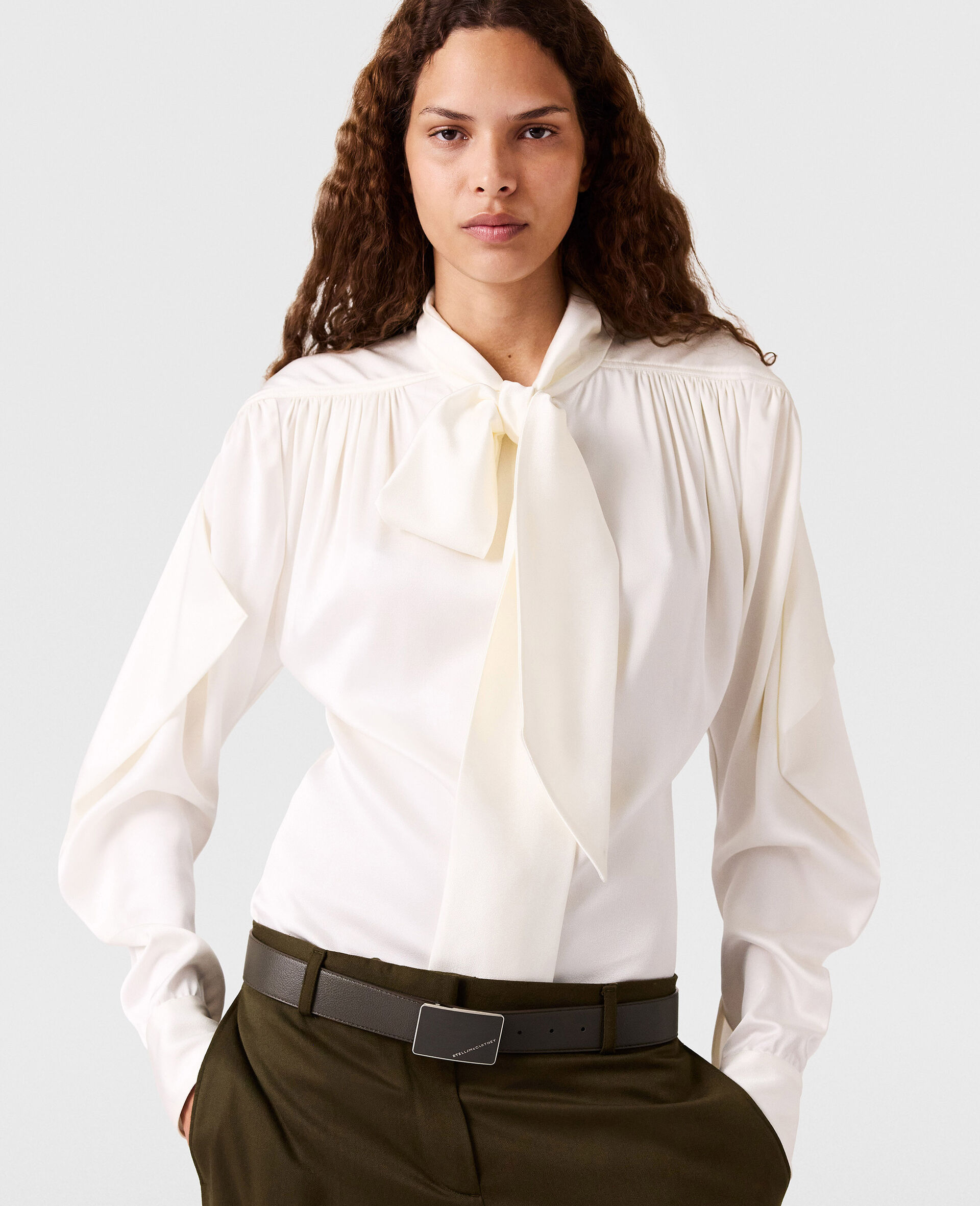 Neck-Tie Shoulder Pad Long-Sleeve Shirt-White-model
