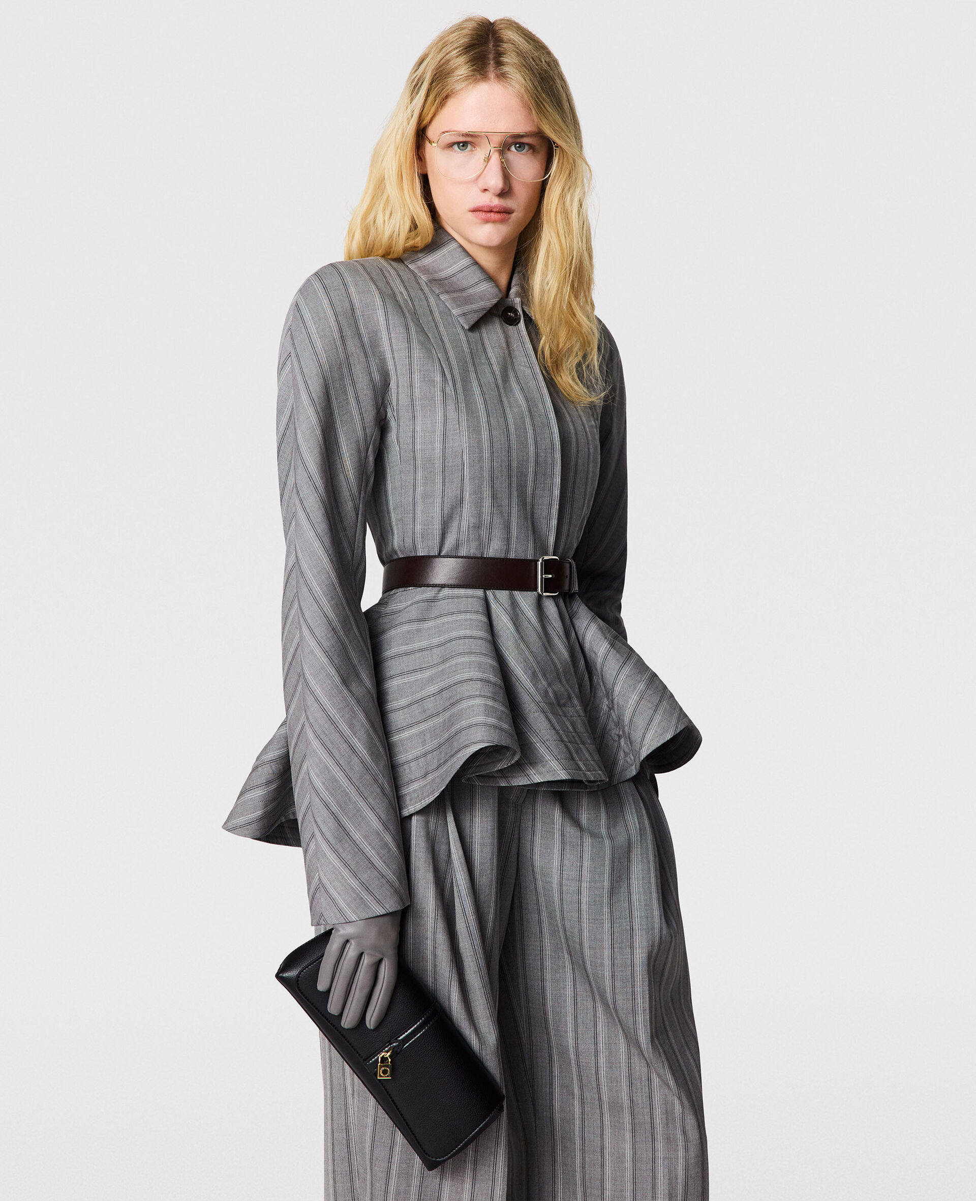 Striped Tailored Peplum Jacket-Grey-medium