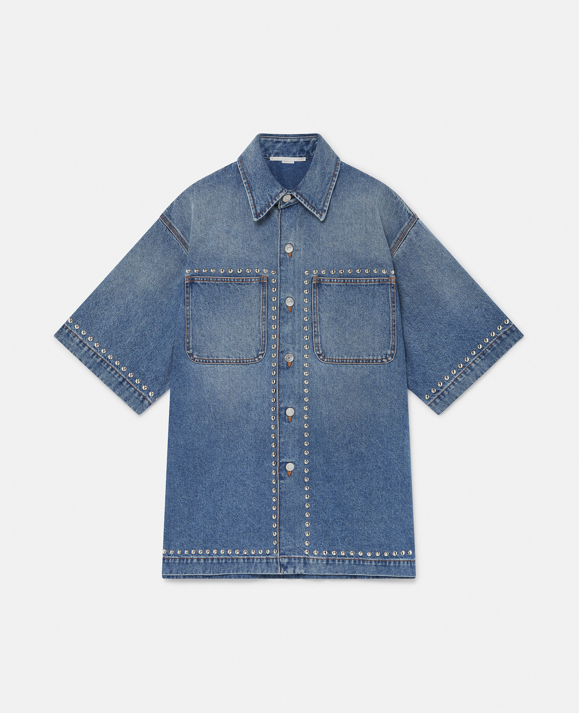 Studded Short-Sleeve Denim Shirt-Blue-large image number 0