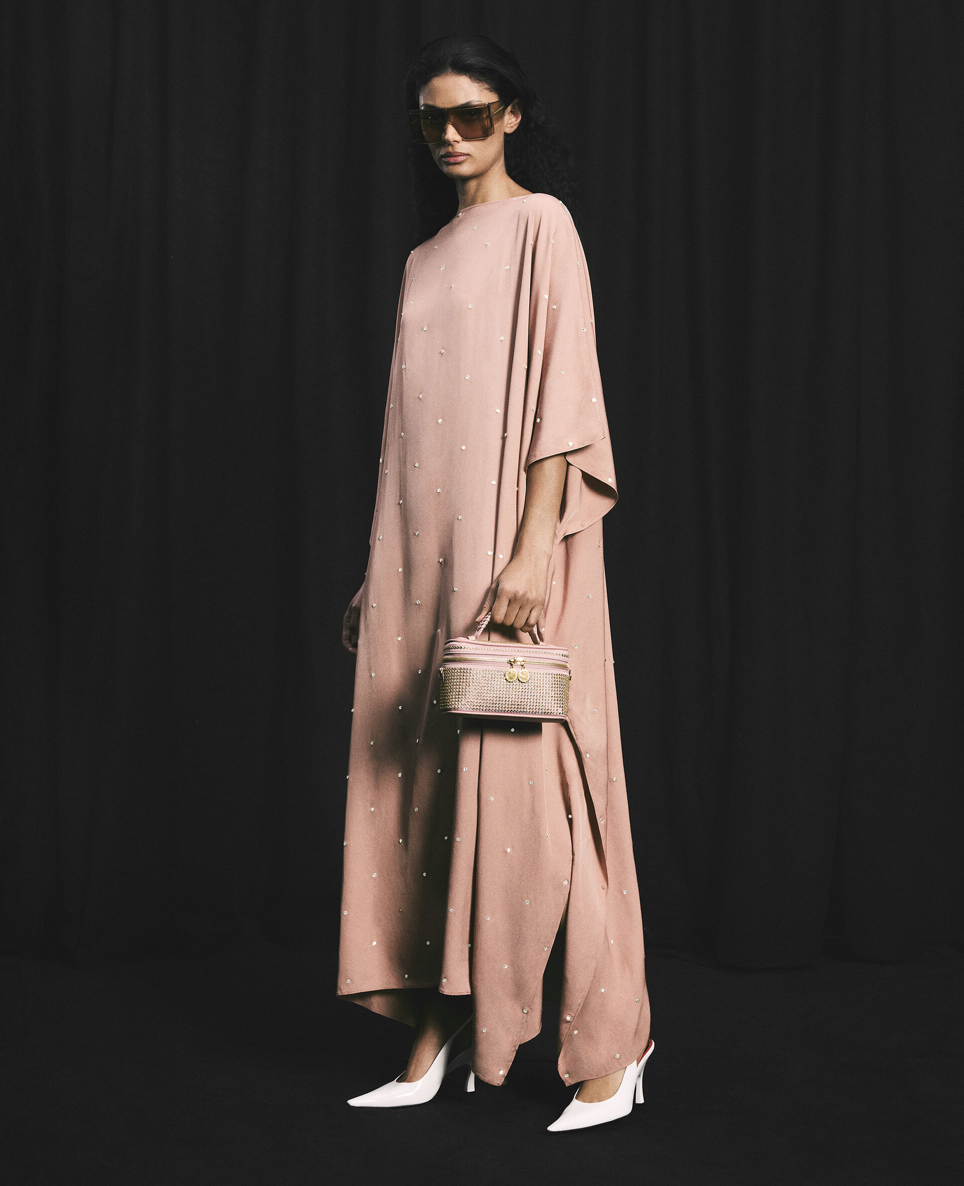 Lead-Free Crystal Caftan Dress-Pink-model