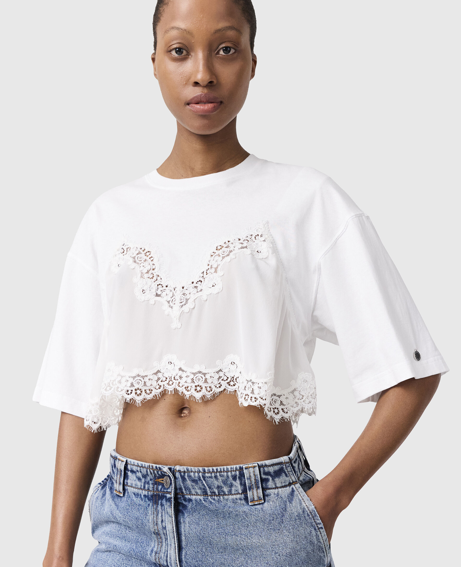 Lace Insert Cropped T-Shirt-Black-large image number 0