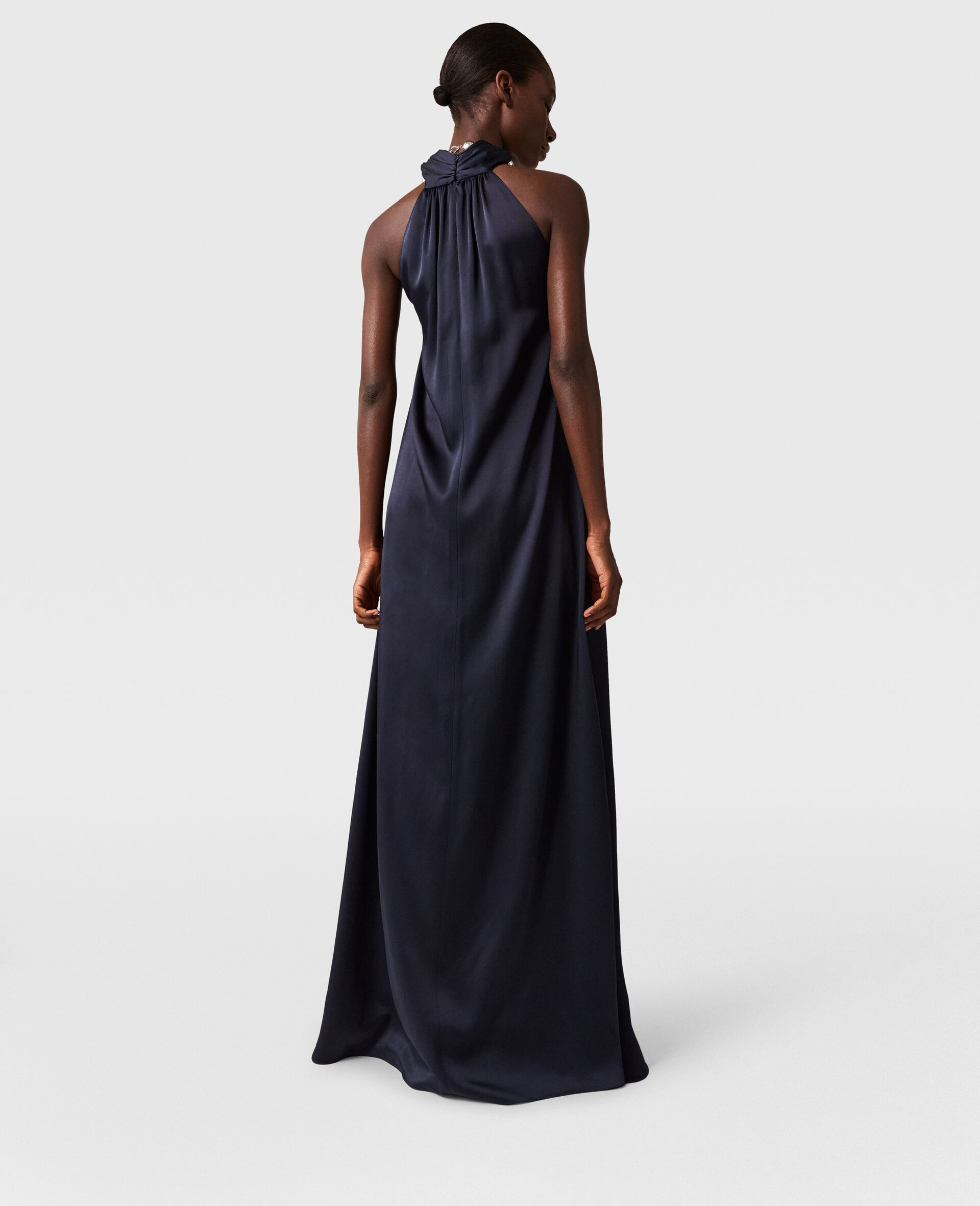 Ball-Chain Halterneck Satin Maxi Dress-Blue-large image number 3