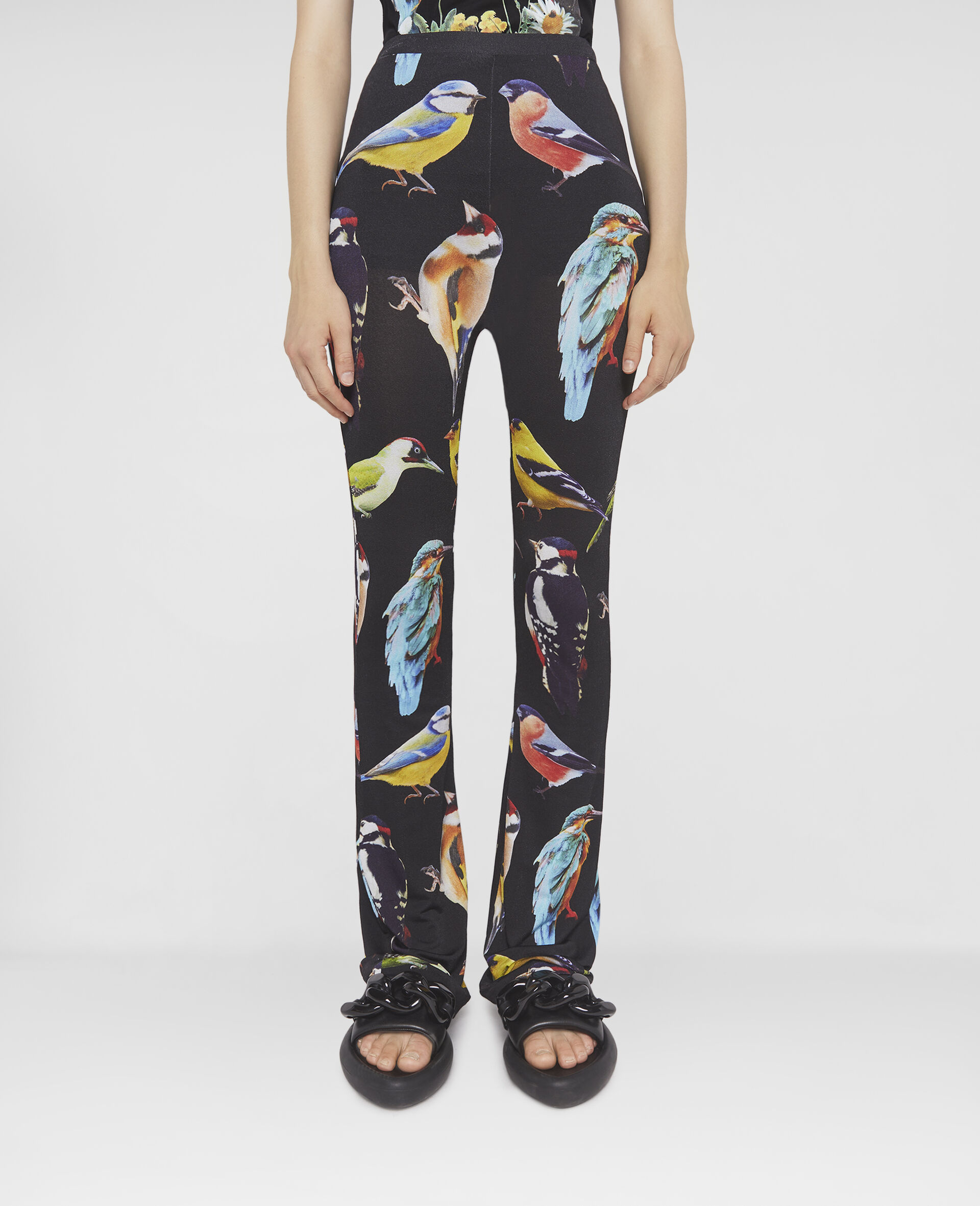 Bird Print Stretch Flared Trousers-Black-large image number 1