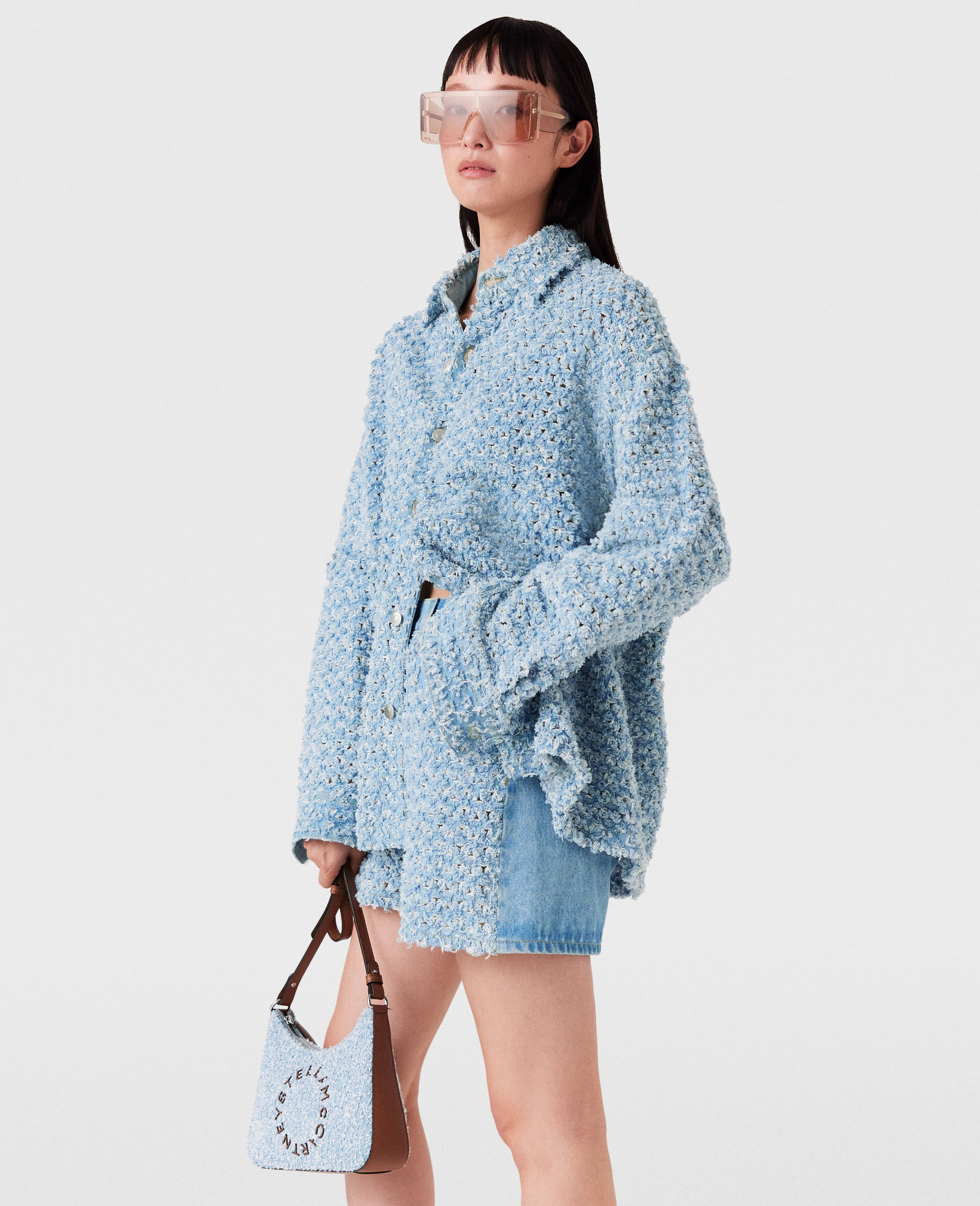 Mid-rise Denim Bouclé Shorts-Blue-large image number 2