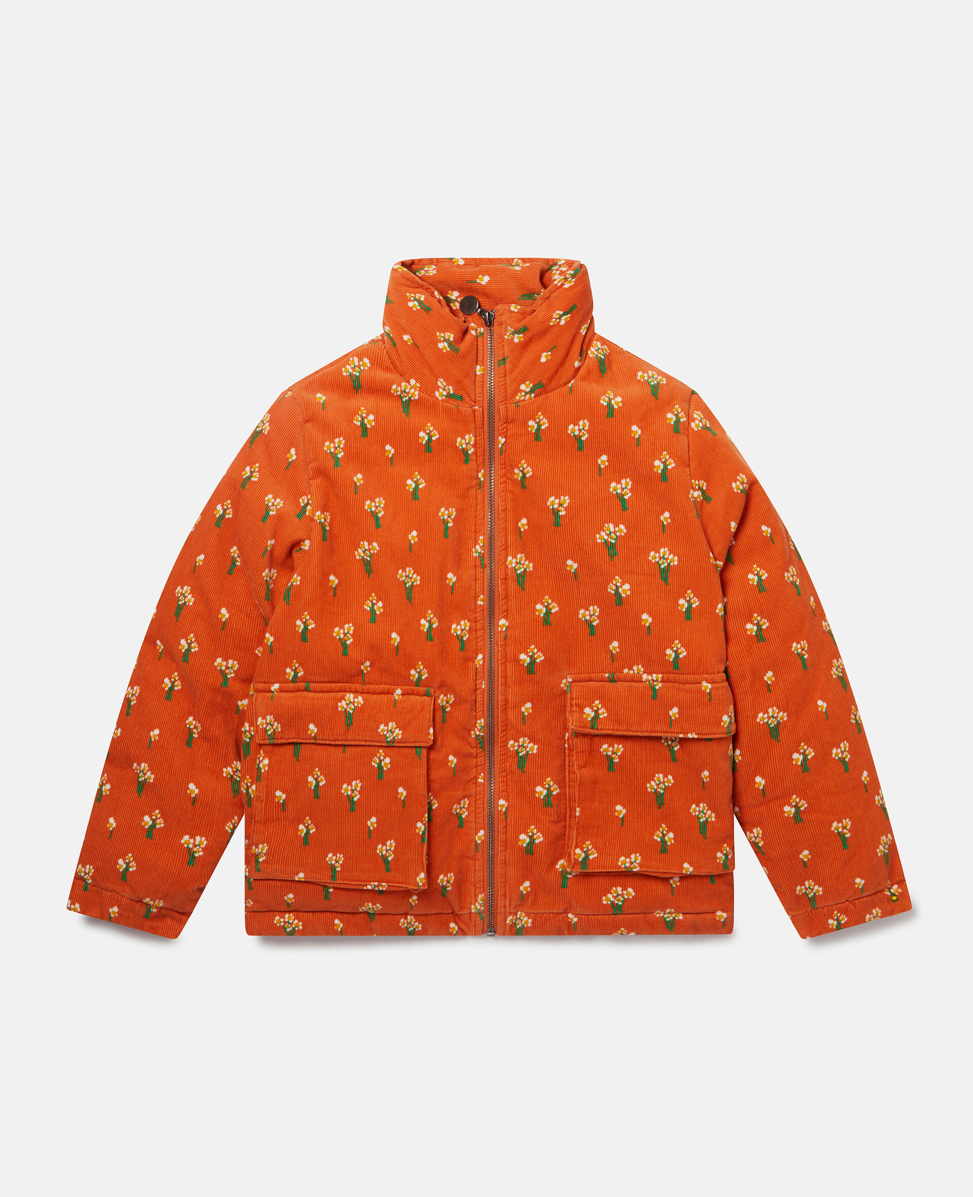 Floral Bunch Print Corduroy Puffer Jacket-Orange-large image number 0
