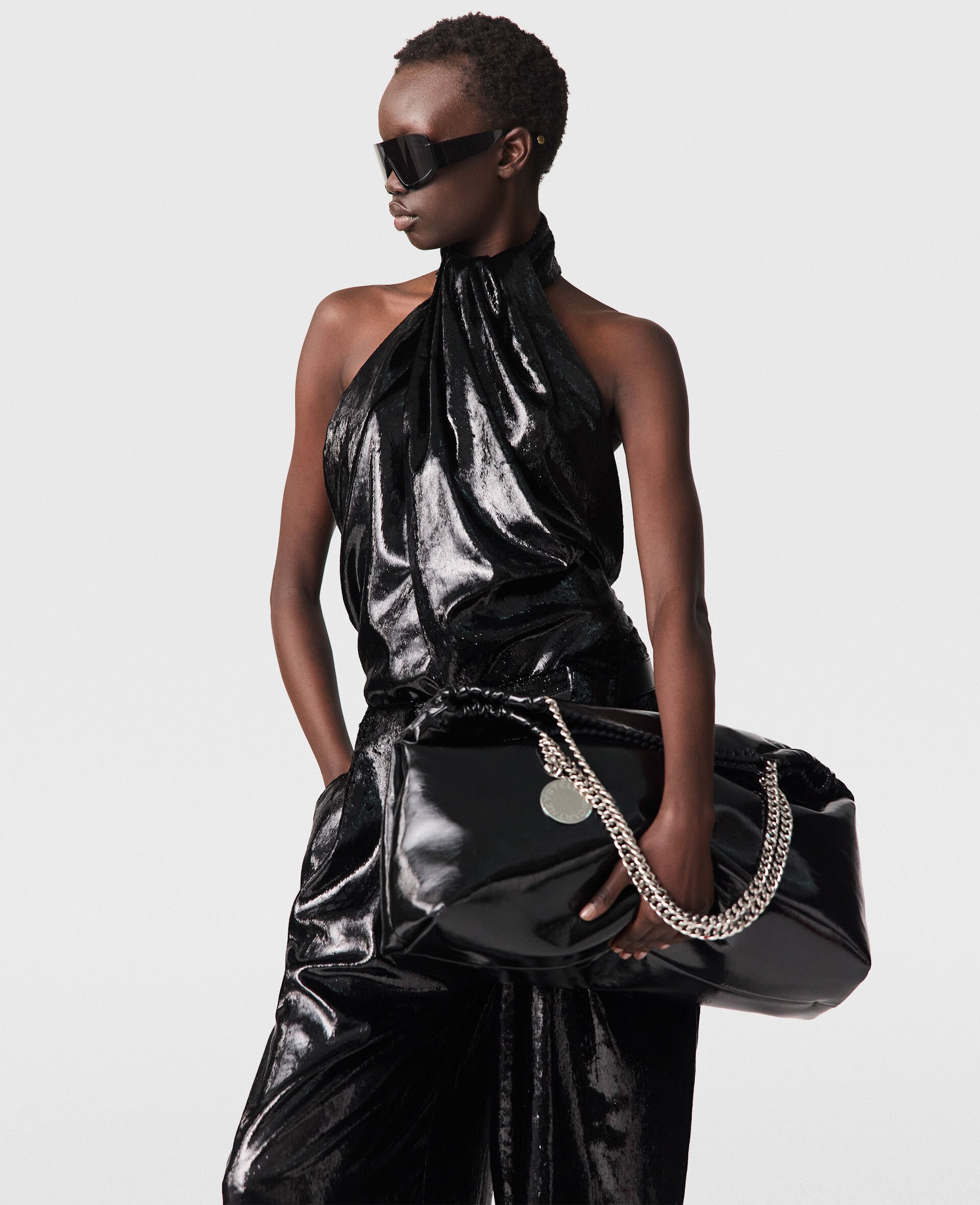 Halterneck Panel Velvet Top-Black-medium