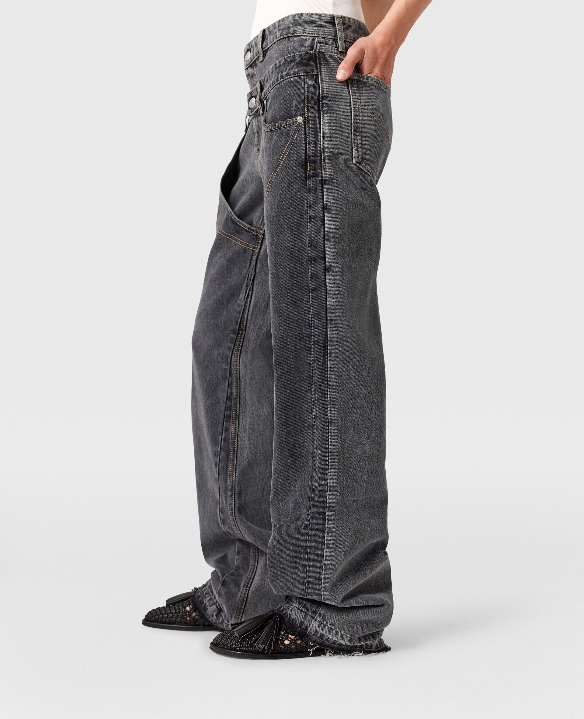 Double Waistband Chap Jeans-Black-large image number 2
