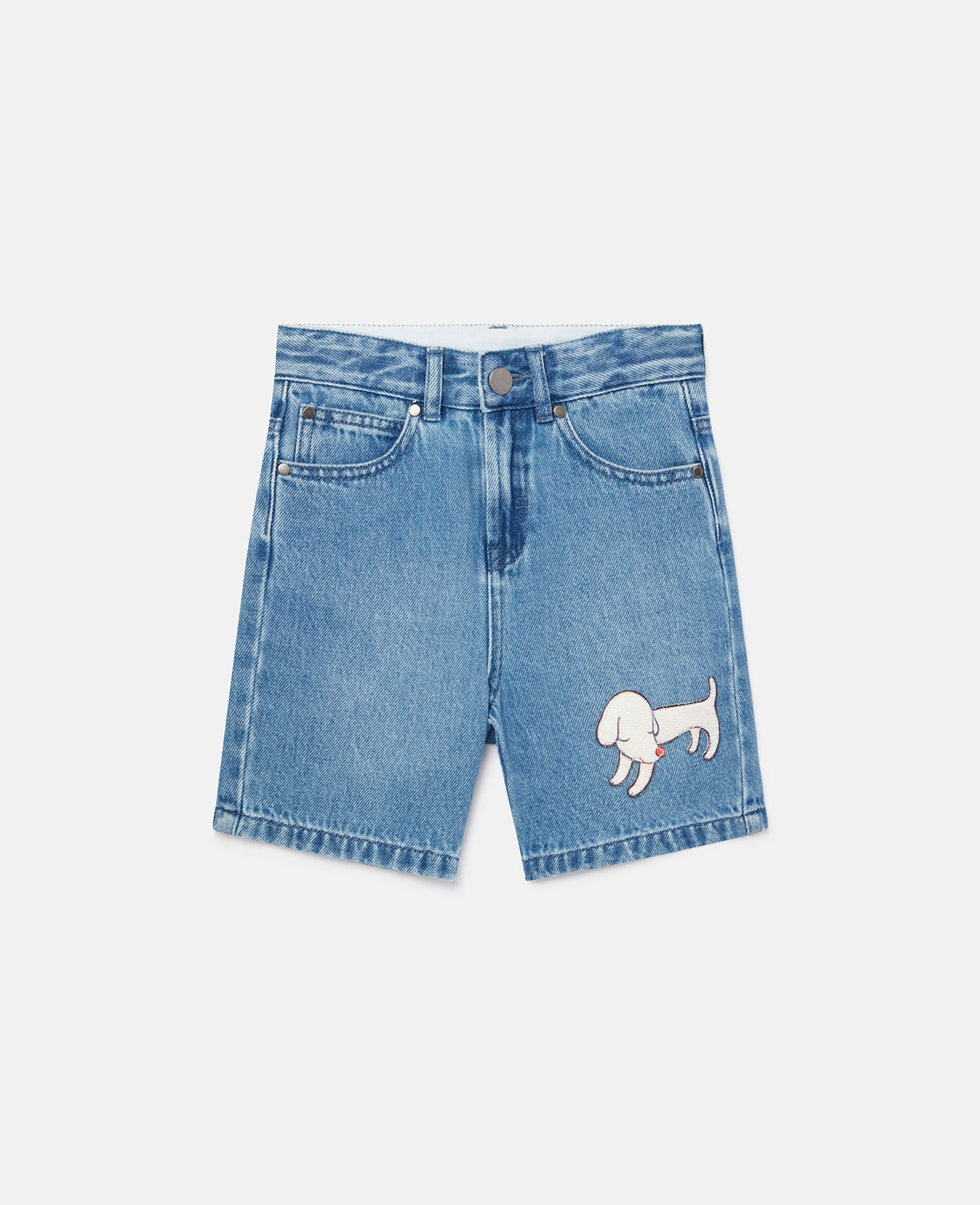 Lonesome Puppy Embroidery Denim Shorts-Blue-large image number 0