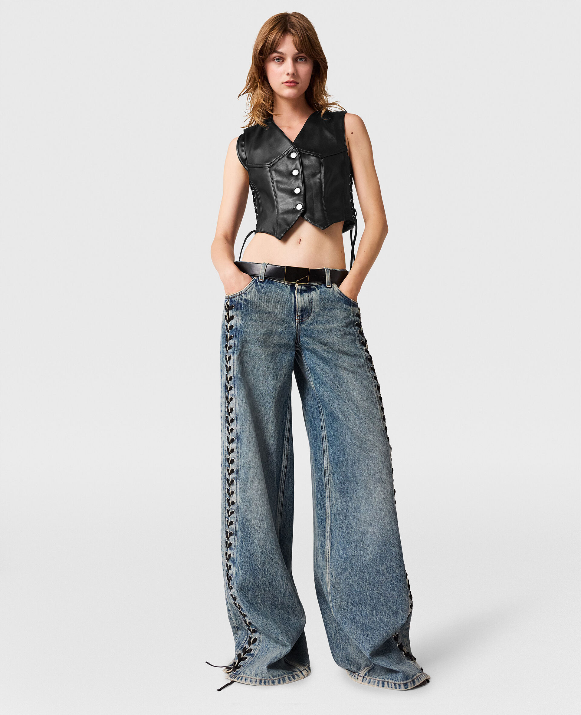 Wide-Leg Lace-Up Denim Jeans -Blue-medium