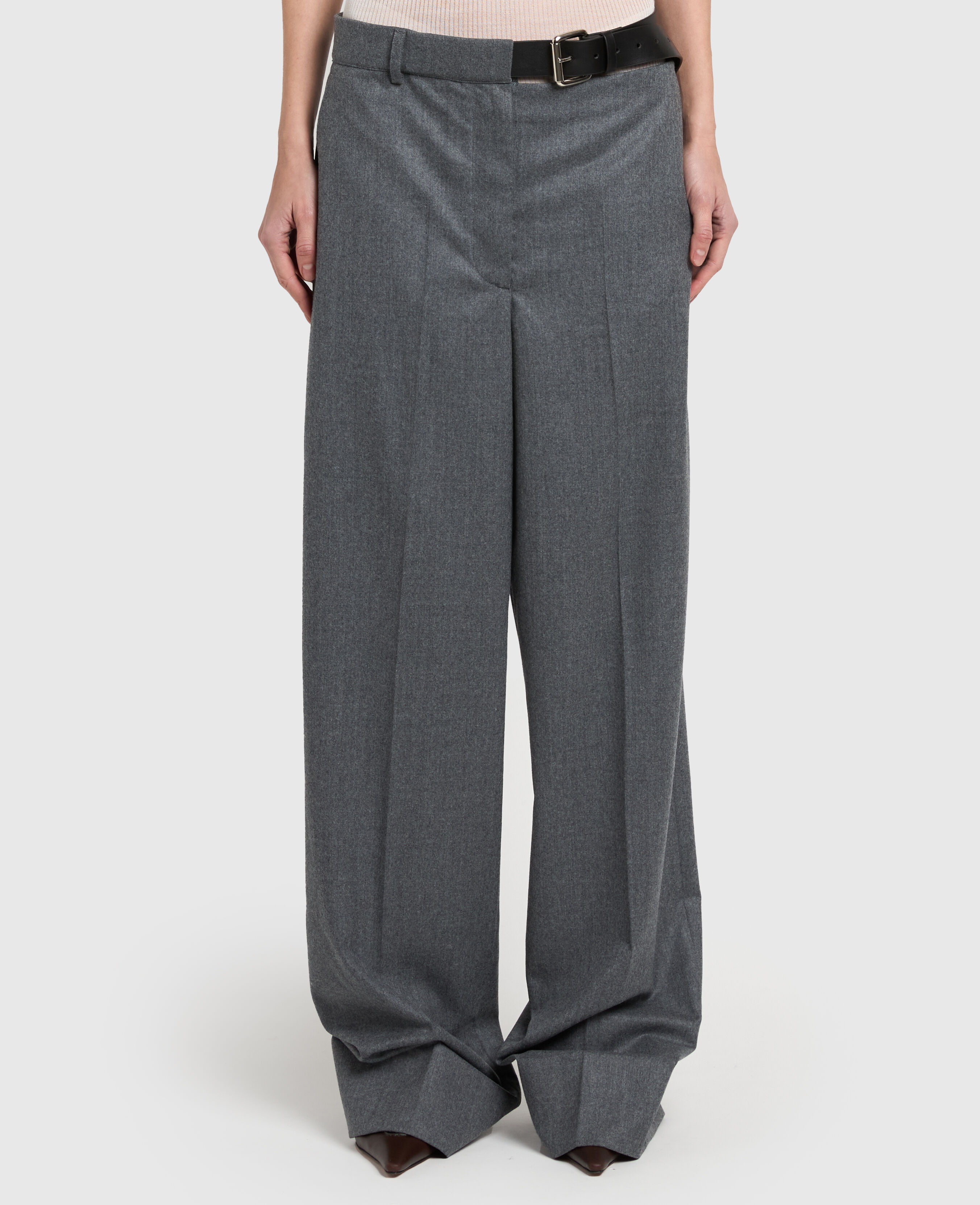 Women Gray melange Belted Flannel Straight-Leg Pants