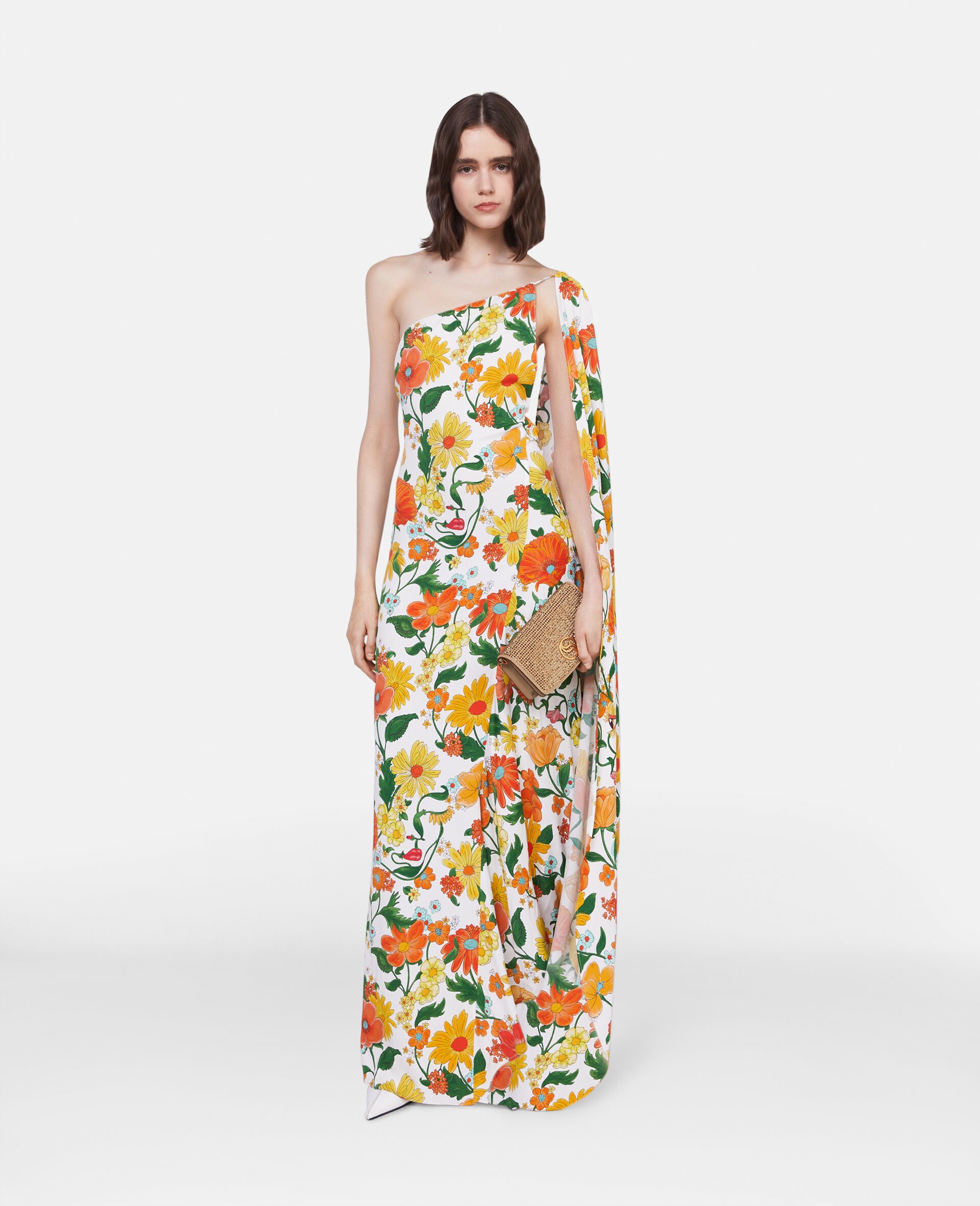 Lady Garden Print One-Shoulder Cape Gown-Multicoloured-model