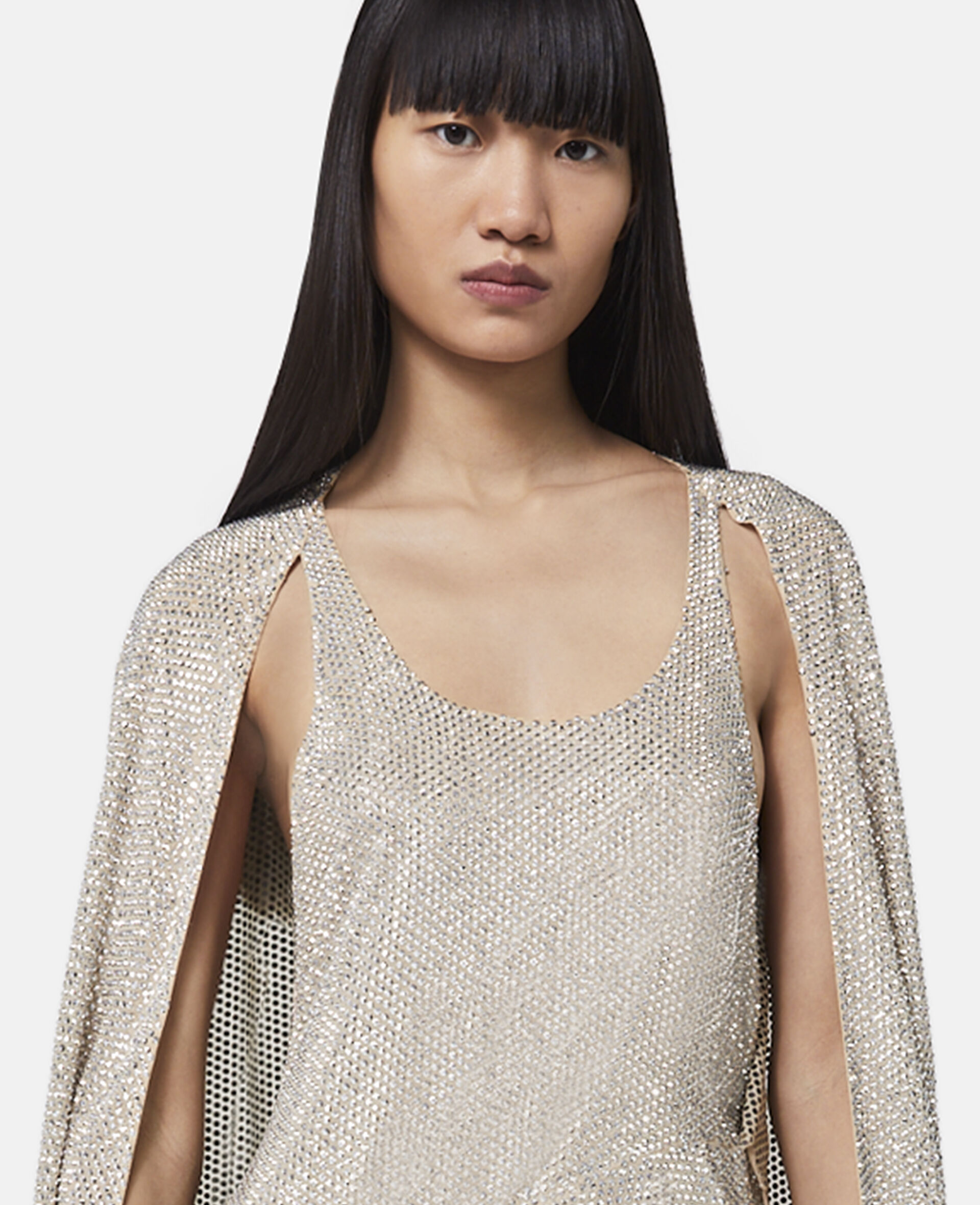 Crystal Strass Silk Cape Mini Dress-Grey-large image number 3