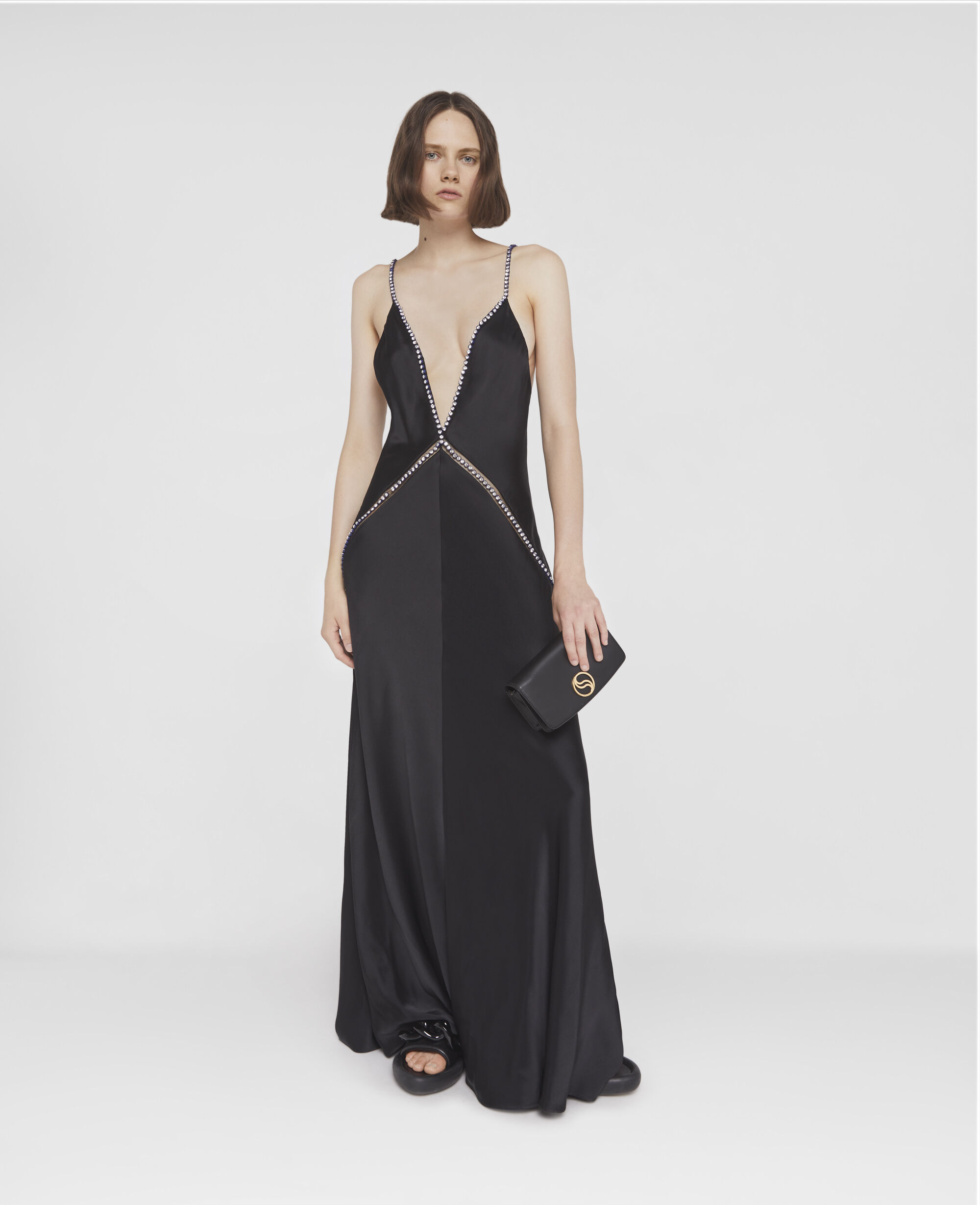 Women Black Crystal Frame Double Satin A Line Maxi Dress Stella