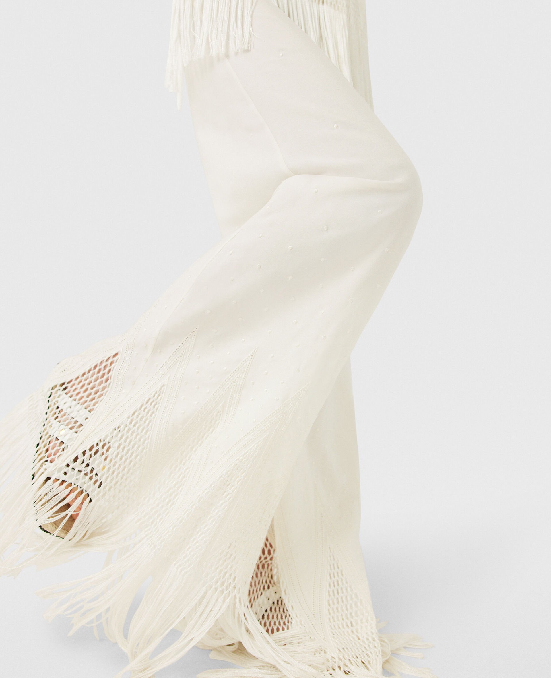 Open-Knit Fringe Wide-Leg Trousers-Cream-large image number 3