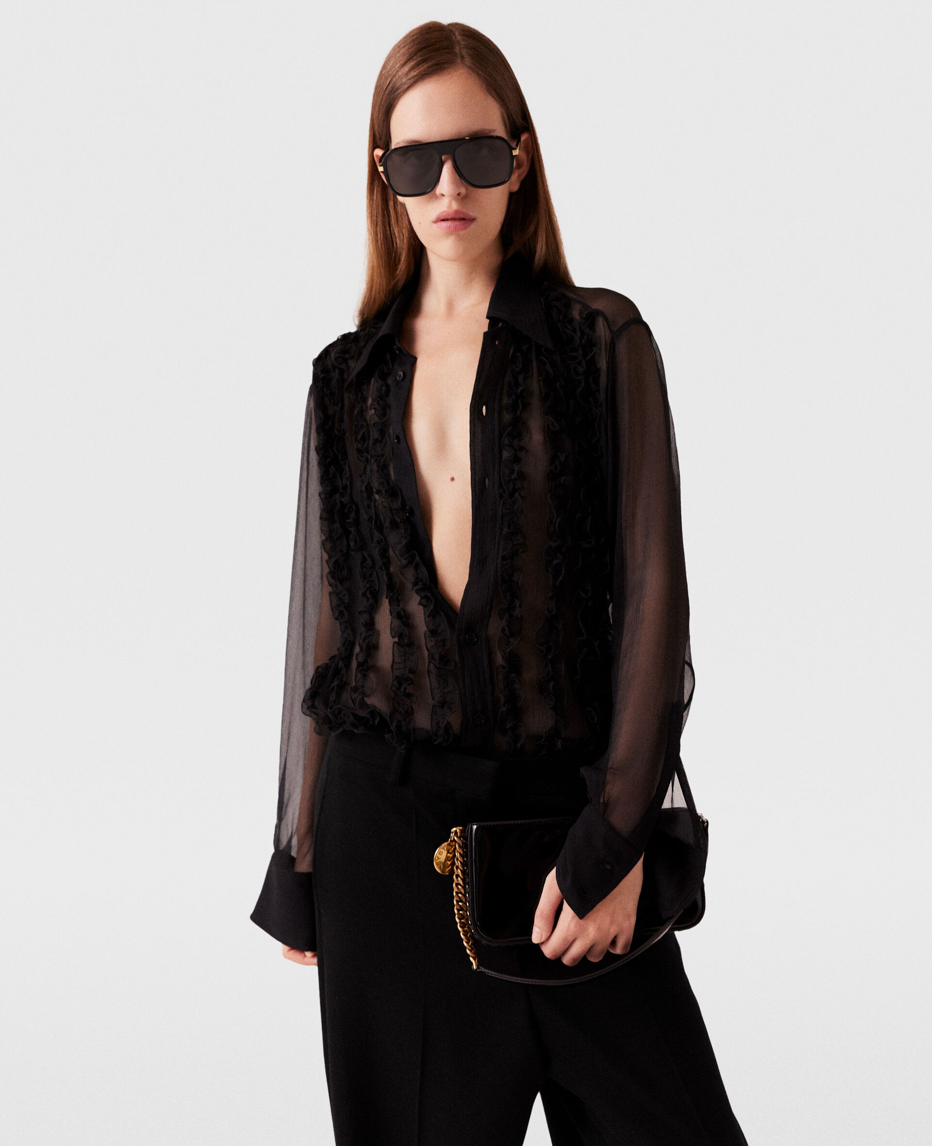 Sheer Ruffled Chiffon Shirt-Black-model