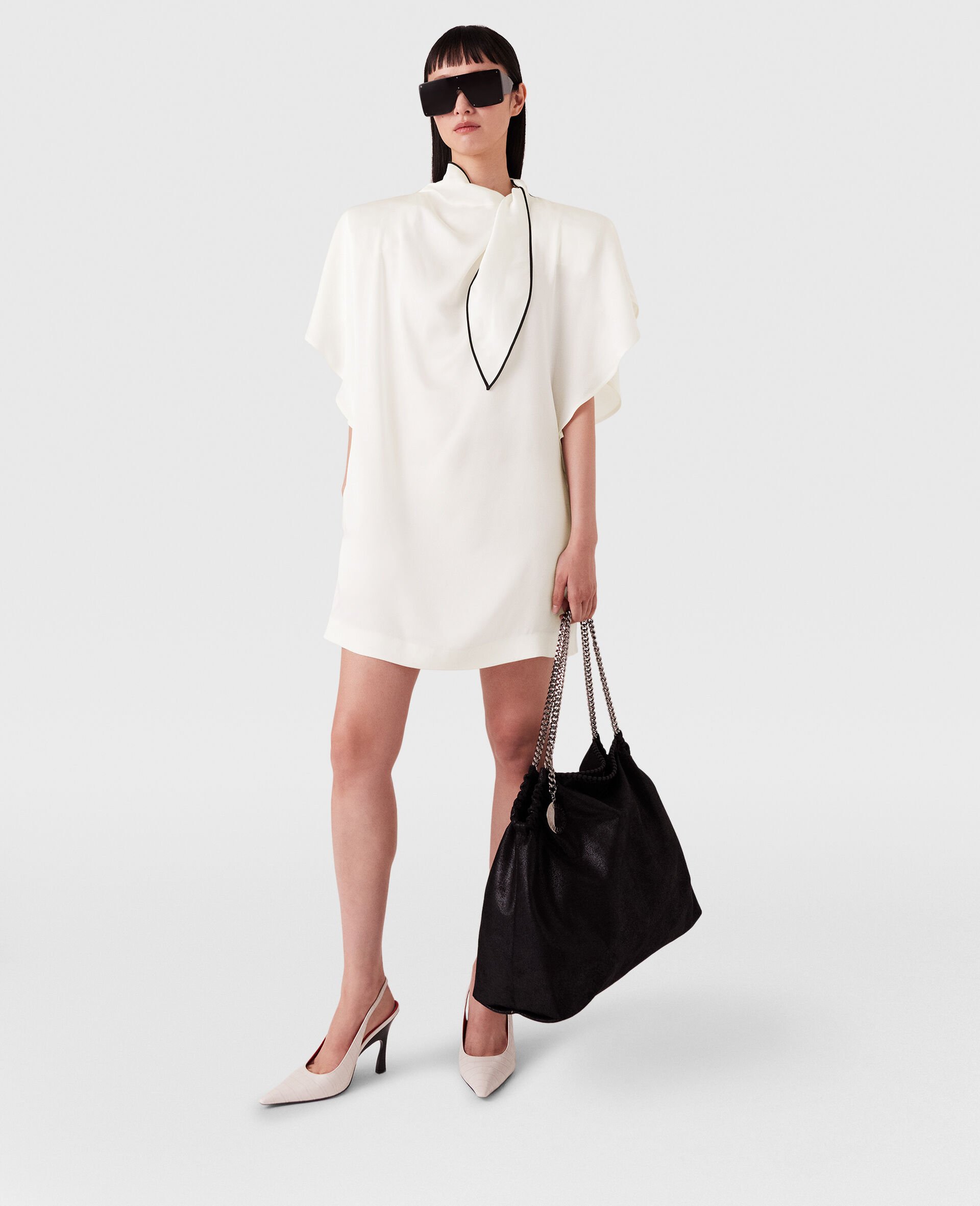 Tie Neck Mini Dress-Cream-model Tie Neck Mini Dress-Cream-model