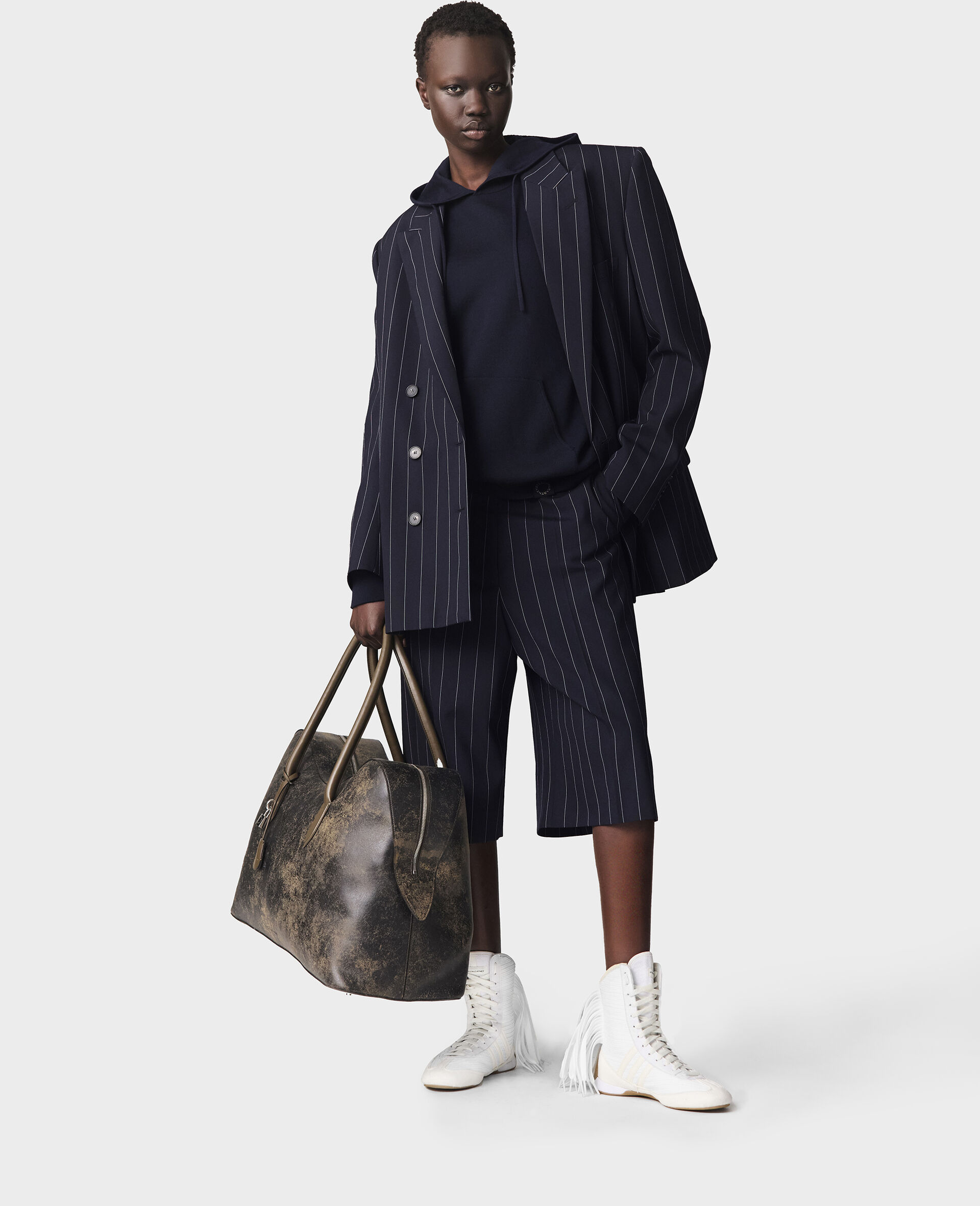 Tailored Pinstripe Wool Shorts-White-model