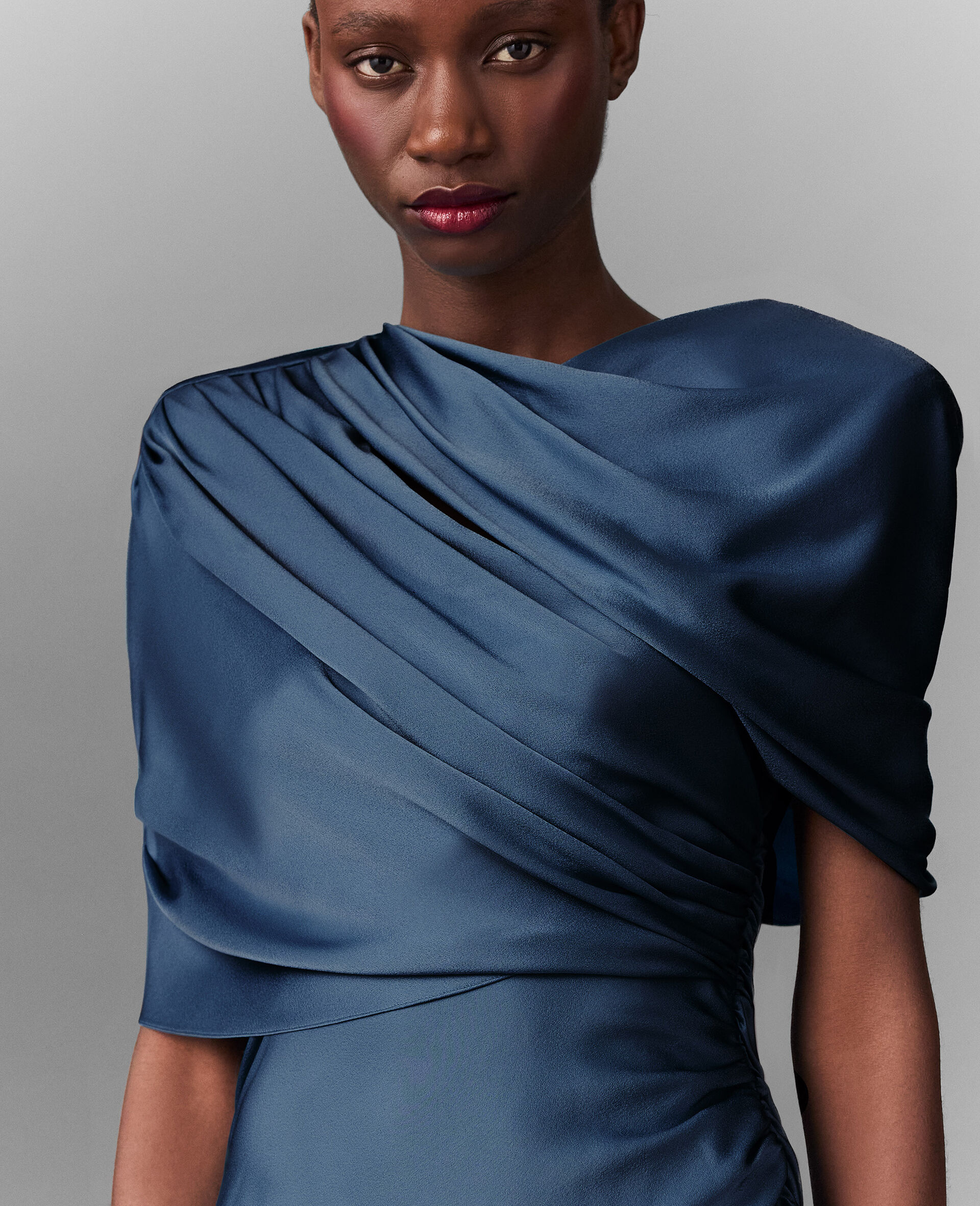 Satin Wrapped Short-Sleeve Maxi Dress-Blue-large image number 3