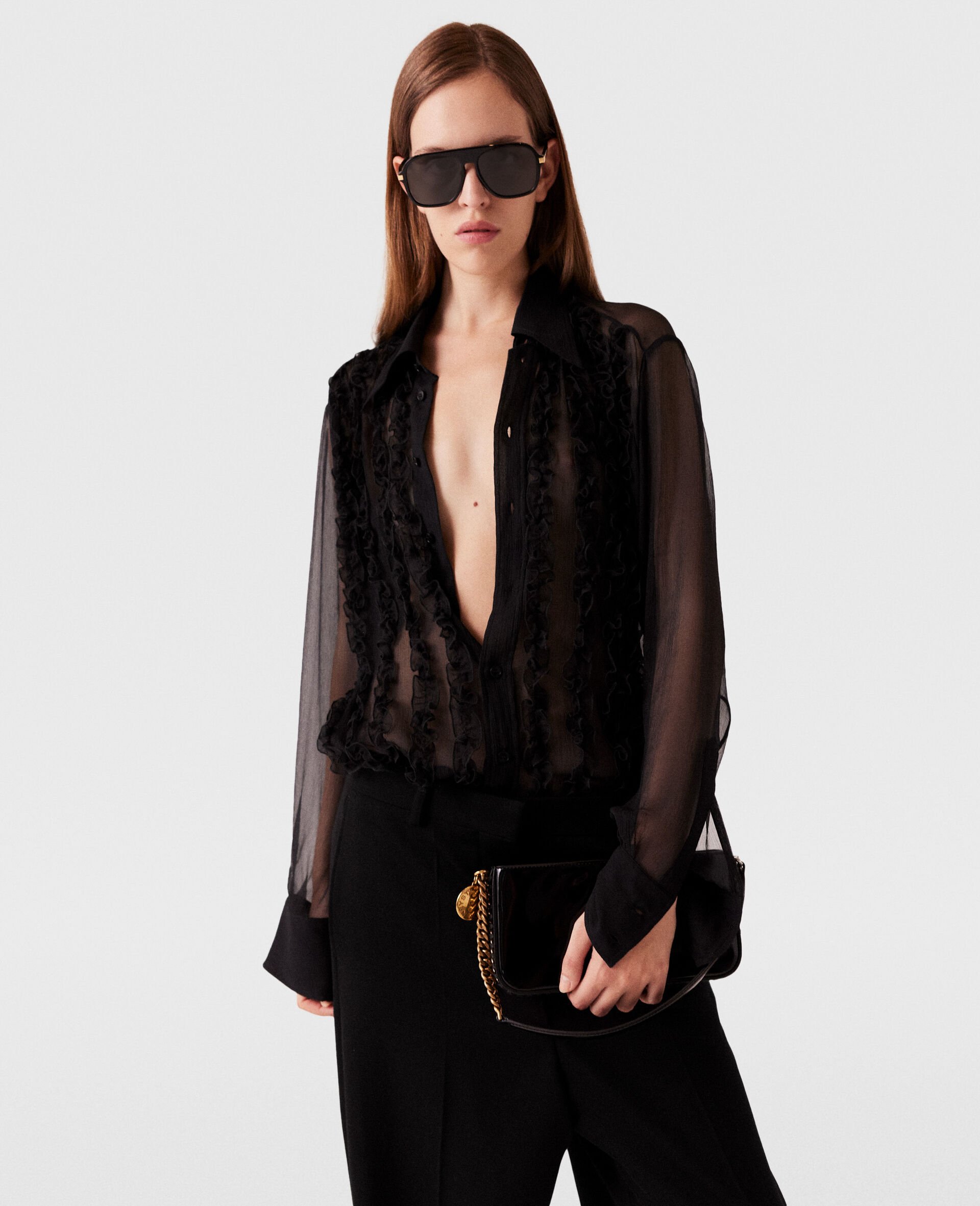 Sheer Ruffled Chiffon Shirt-Black-model Sheer Ruffled Chiffon Shirt-Black-model