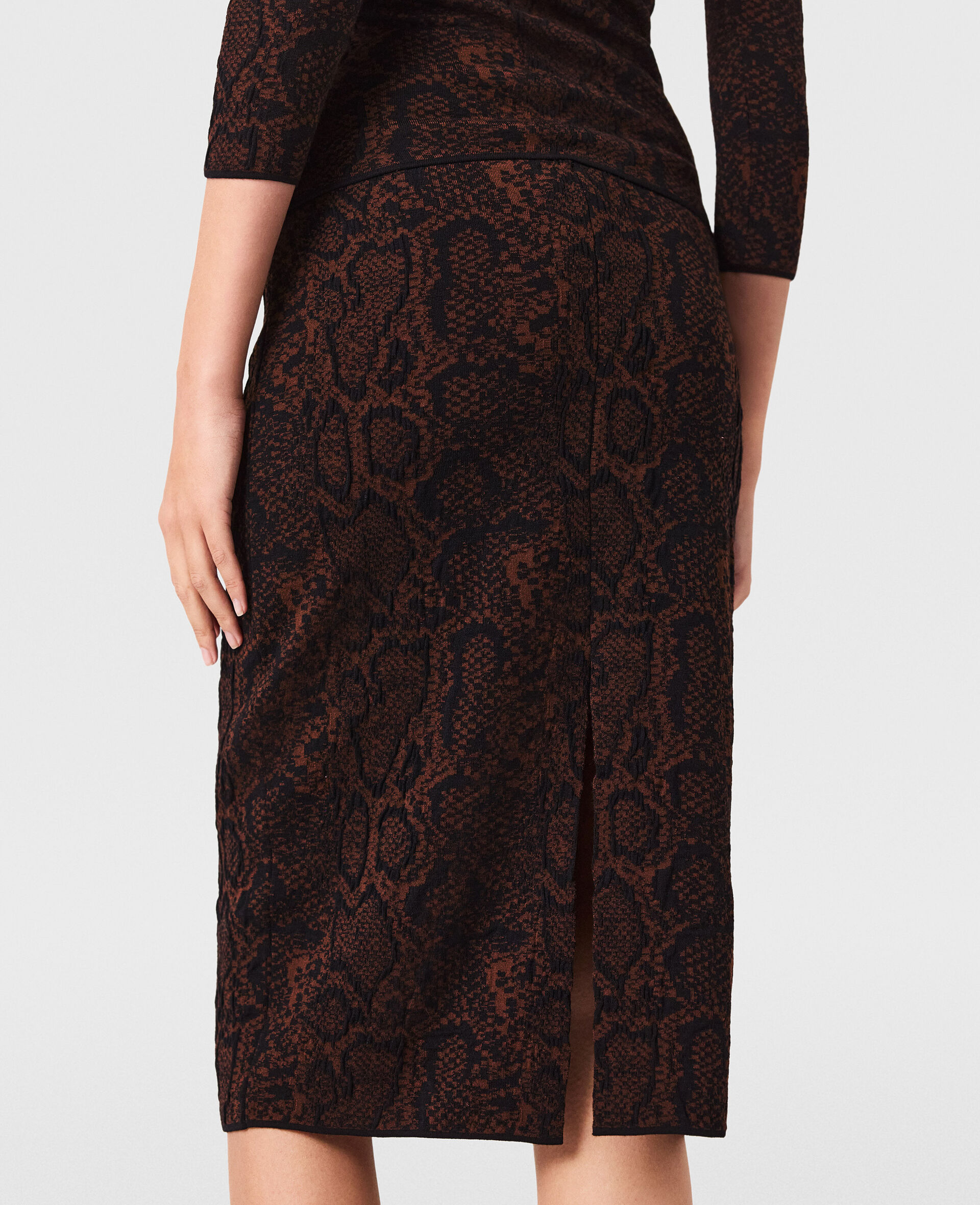 Snake Print Knit Midi Skirt-Black-large image number 4