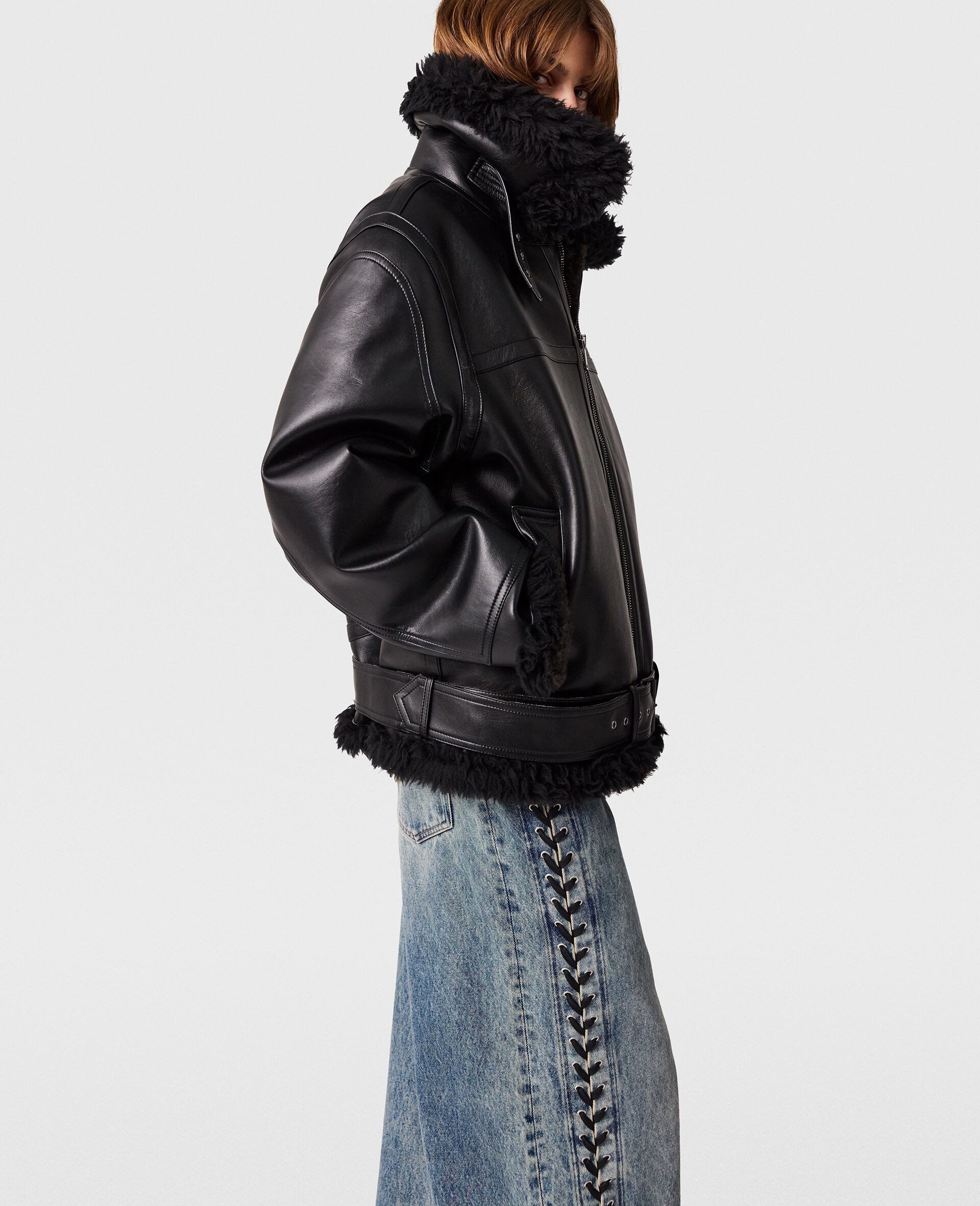 Vegan Shearling Belted Jacket-Black-large image number 2