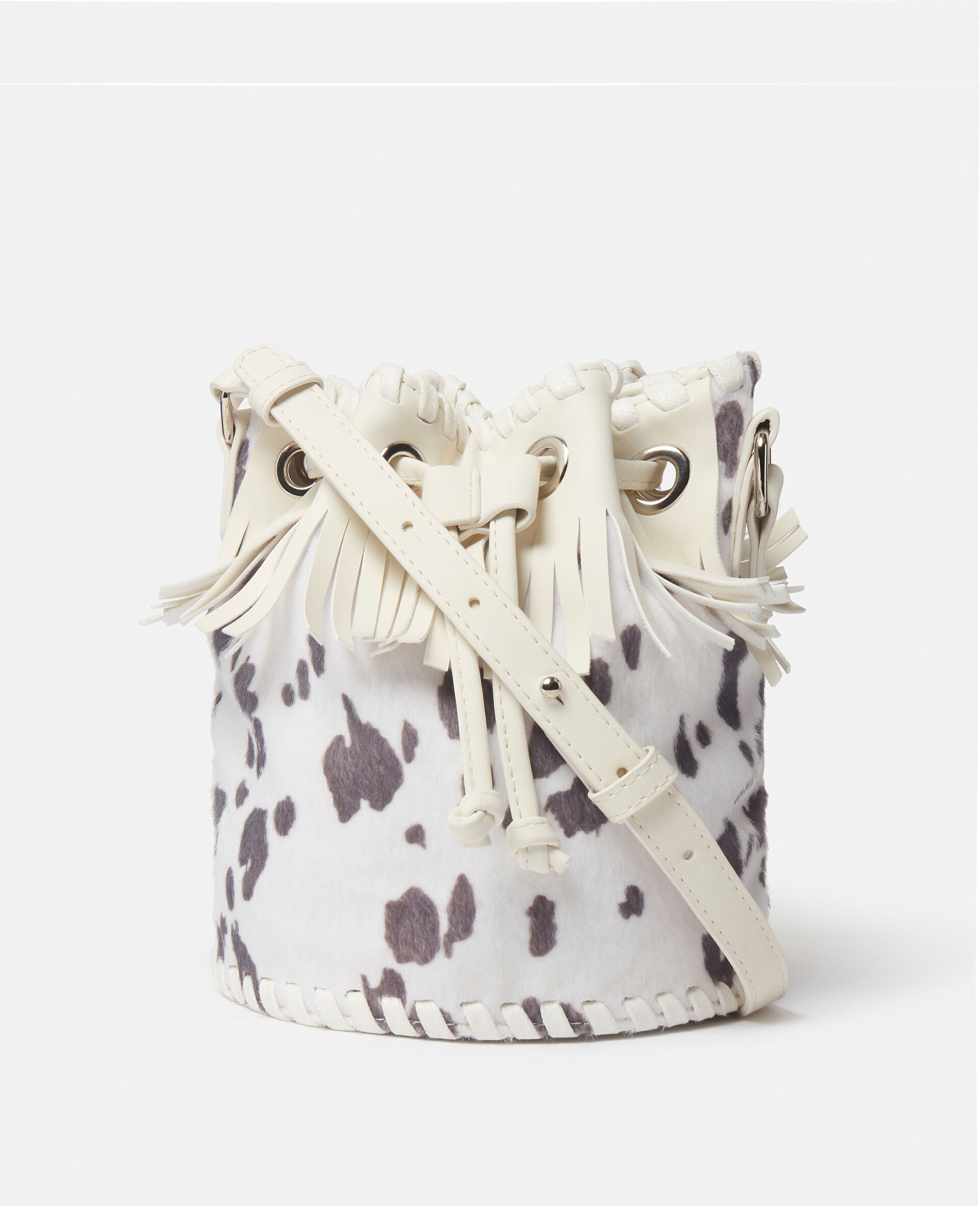Cow Pattern Fringed Bucket Bag-White-large image number 0