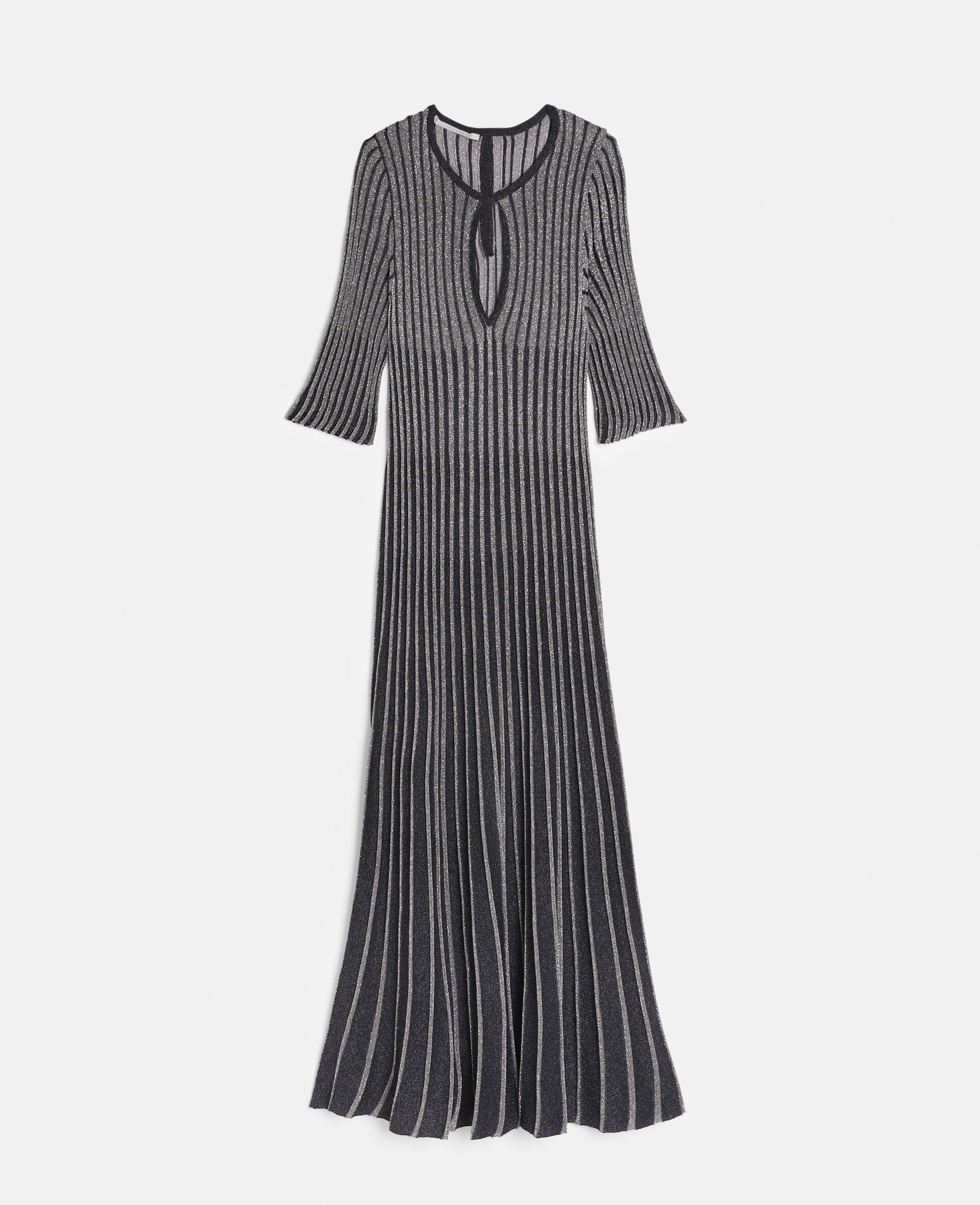 Pleated Knit Dress with Pinstripes-Black-large