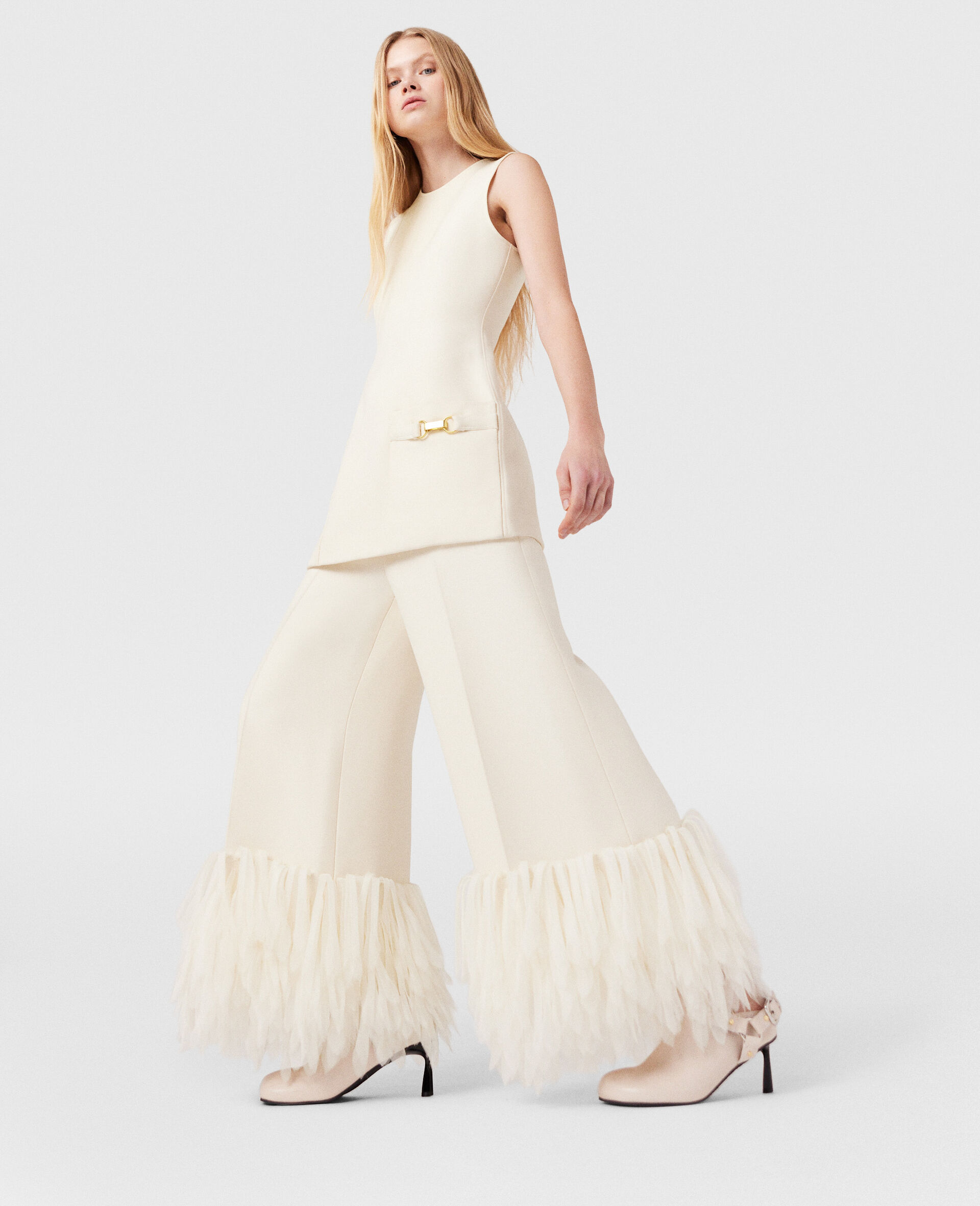 Clasp-Embellished Sleeveless Mini Dress-Cream-model