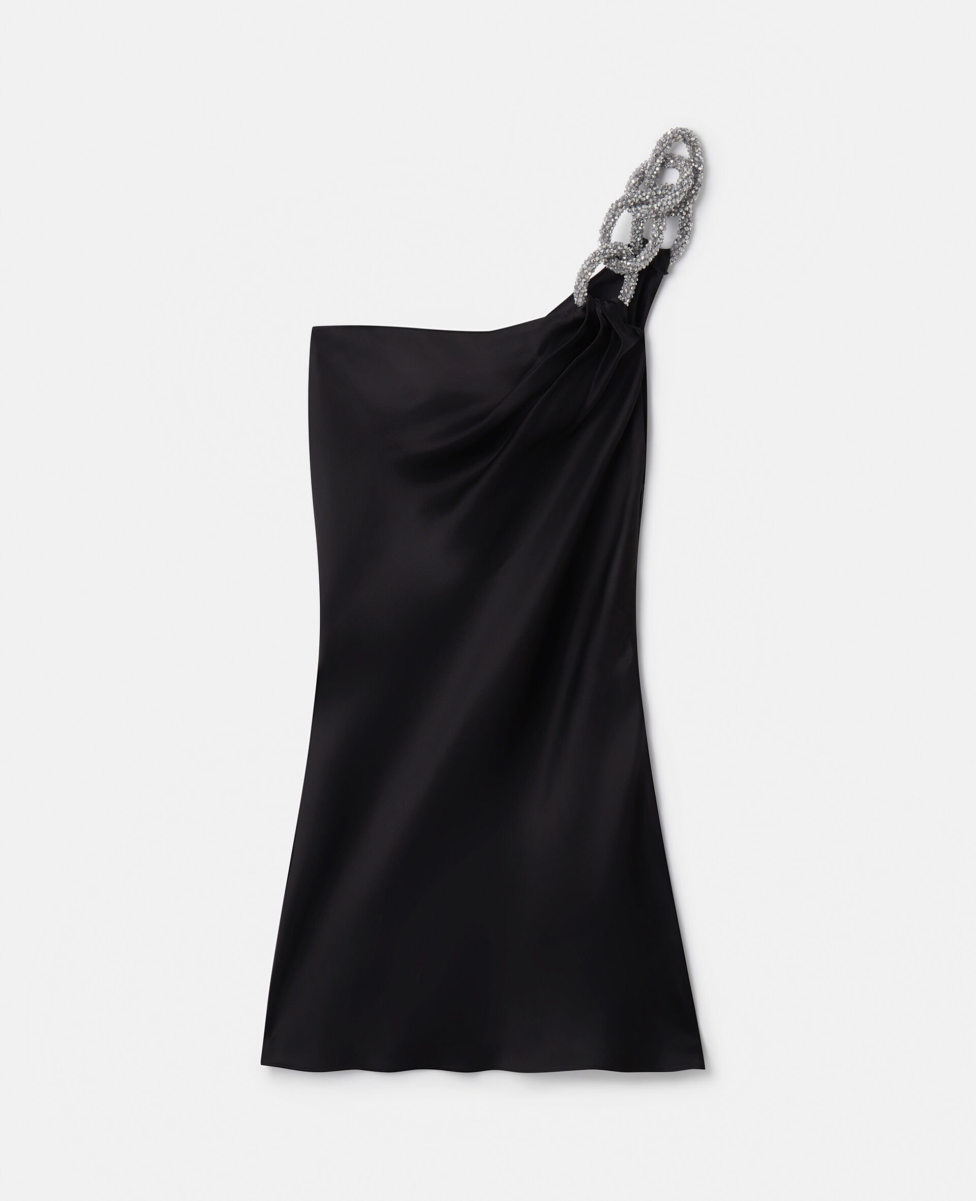 Robe courte asymétrique en double satin avec maillons à cristaux Falabella-Noir-large image number 0