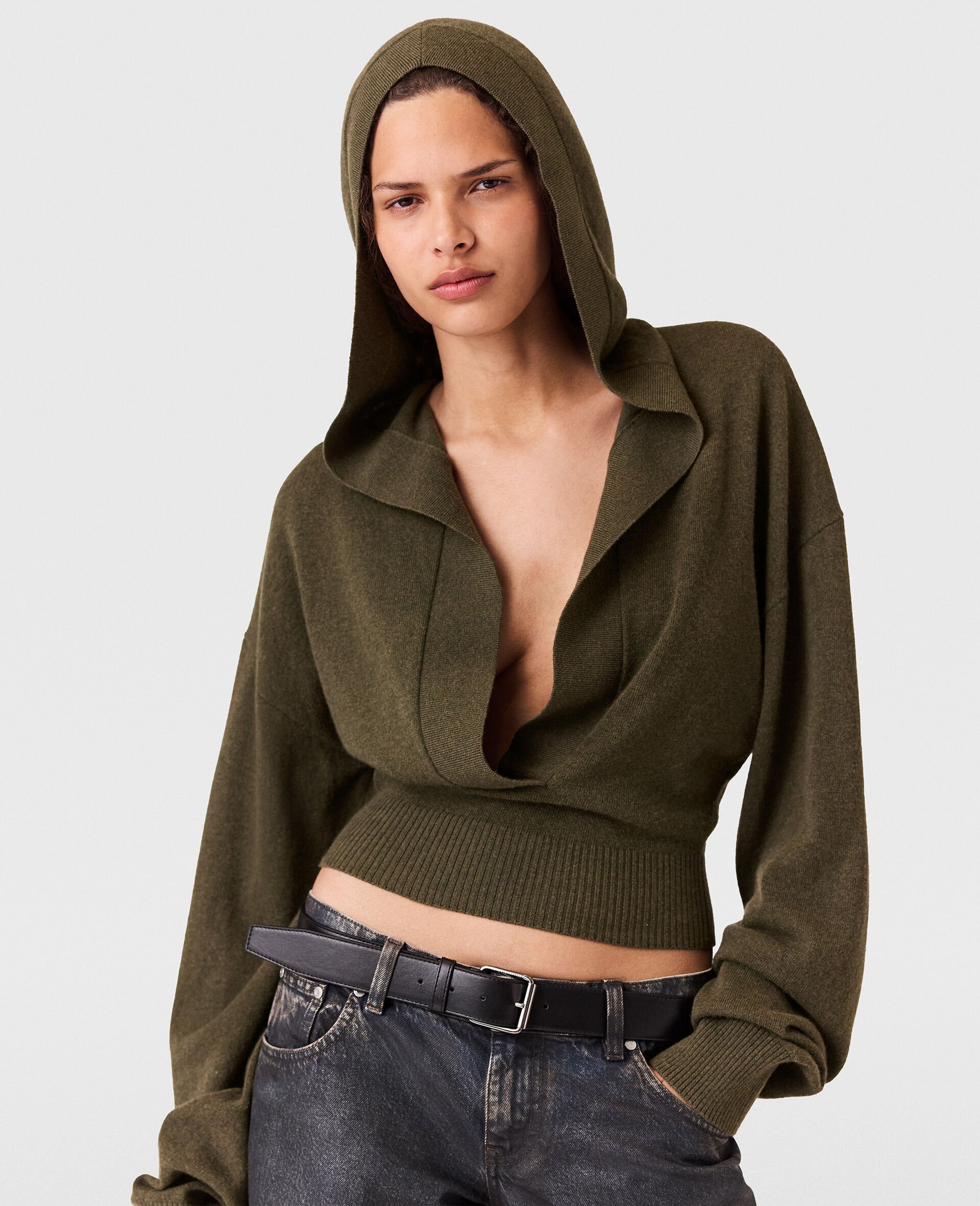 Hooded Long-Sleeve Cropped Jumper-Green-model