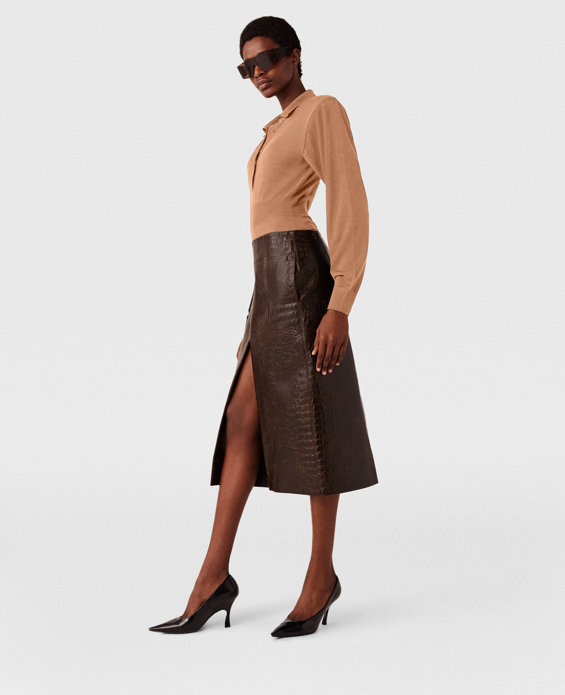 Crocodile Embossed Midi Skirt-Brown-large image number 2
