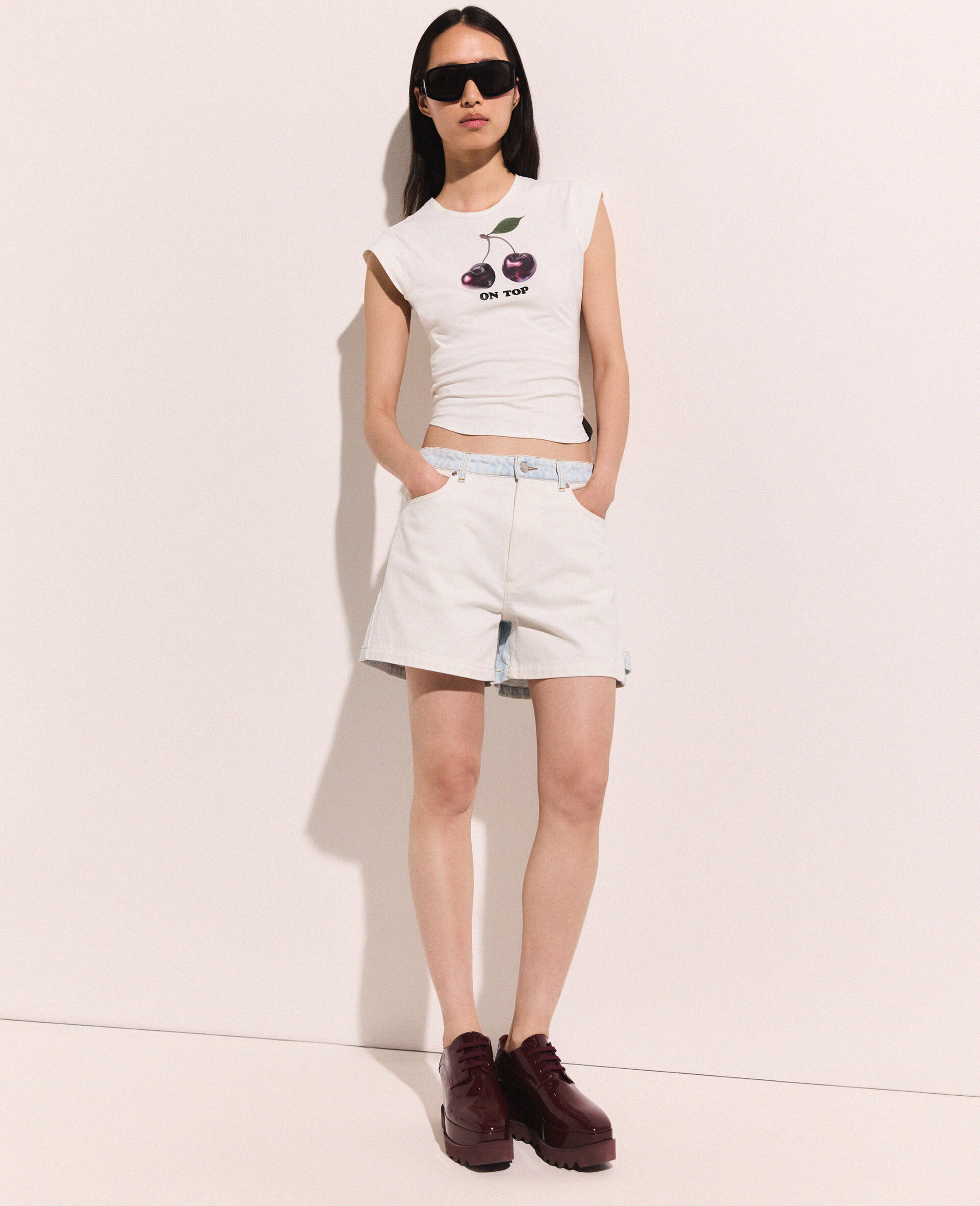 Paneled Denim Shorts-White-model