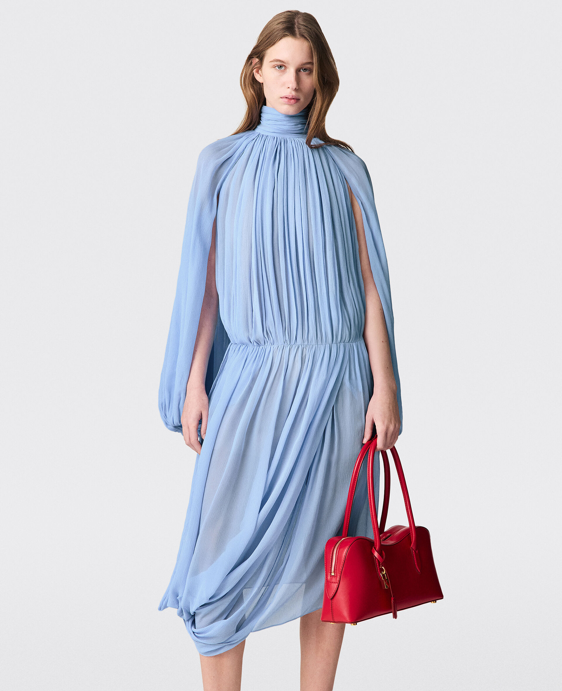 High-Neck Pleated Midi Dress-Blue-model