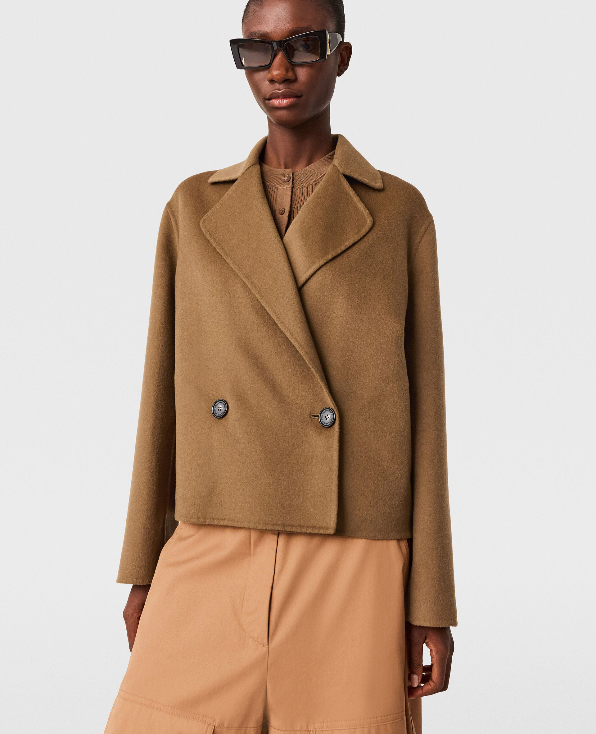 Double-Breasted Cropped Peacoat Jacket-Brown-large image number 4