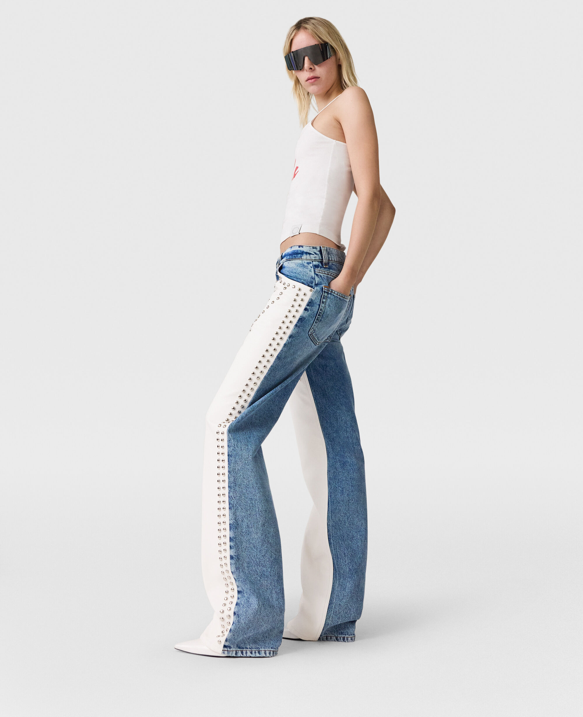 Women White/Blue Chaps Studded Straight-Leg Jeans | Stella