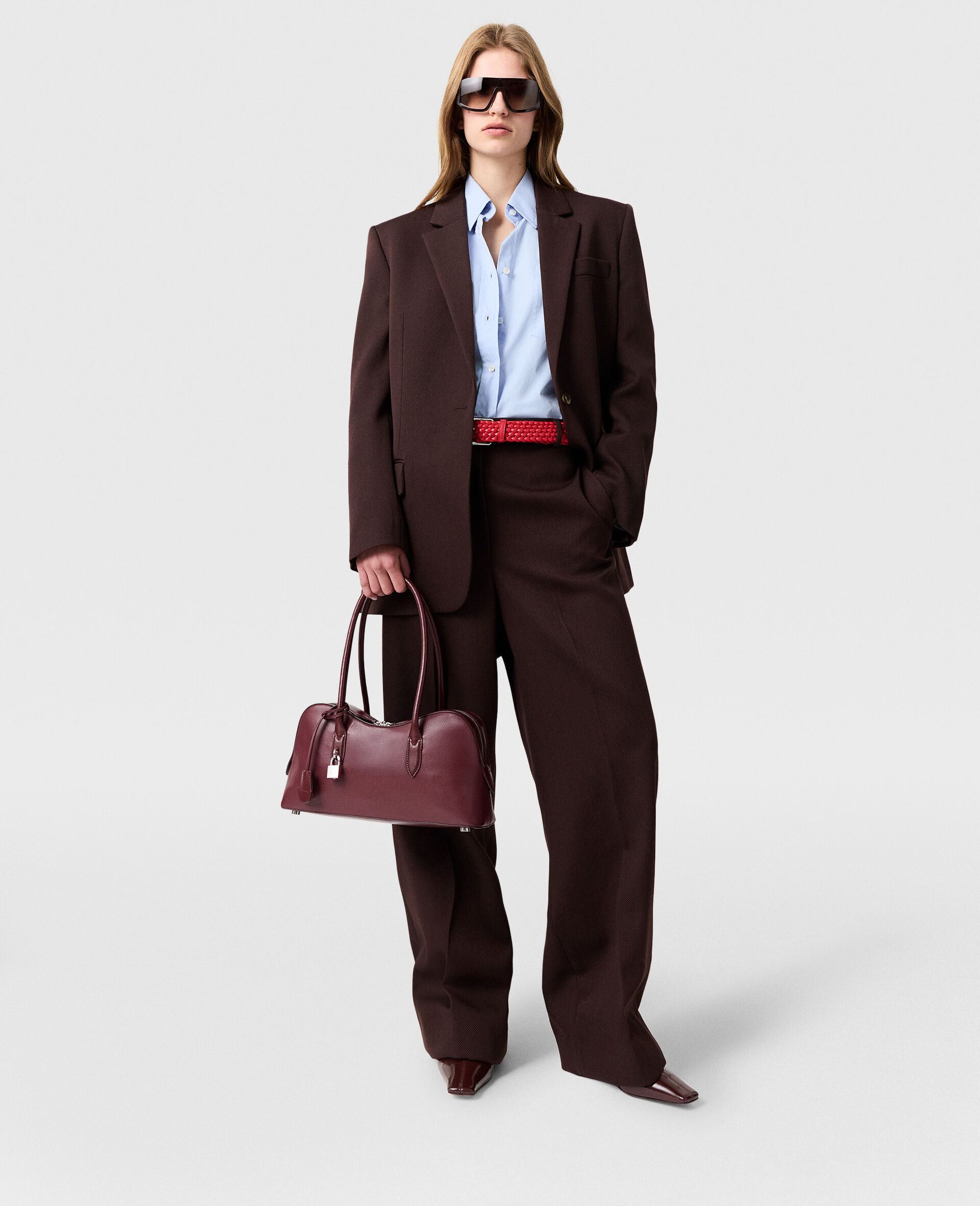 Pleated Straight-Leg Trousers-Brown-model