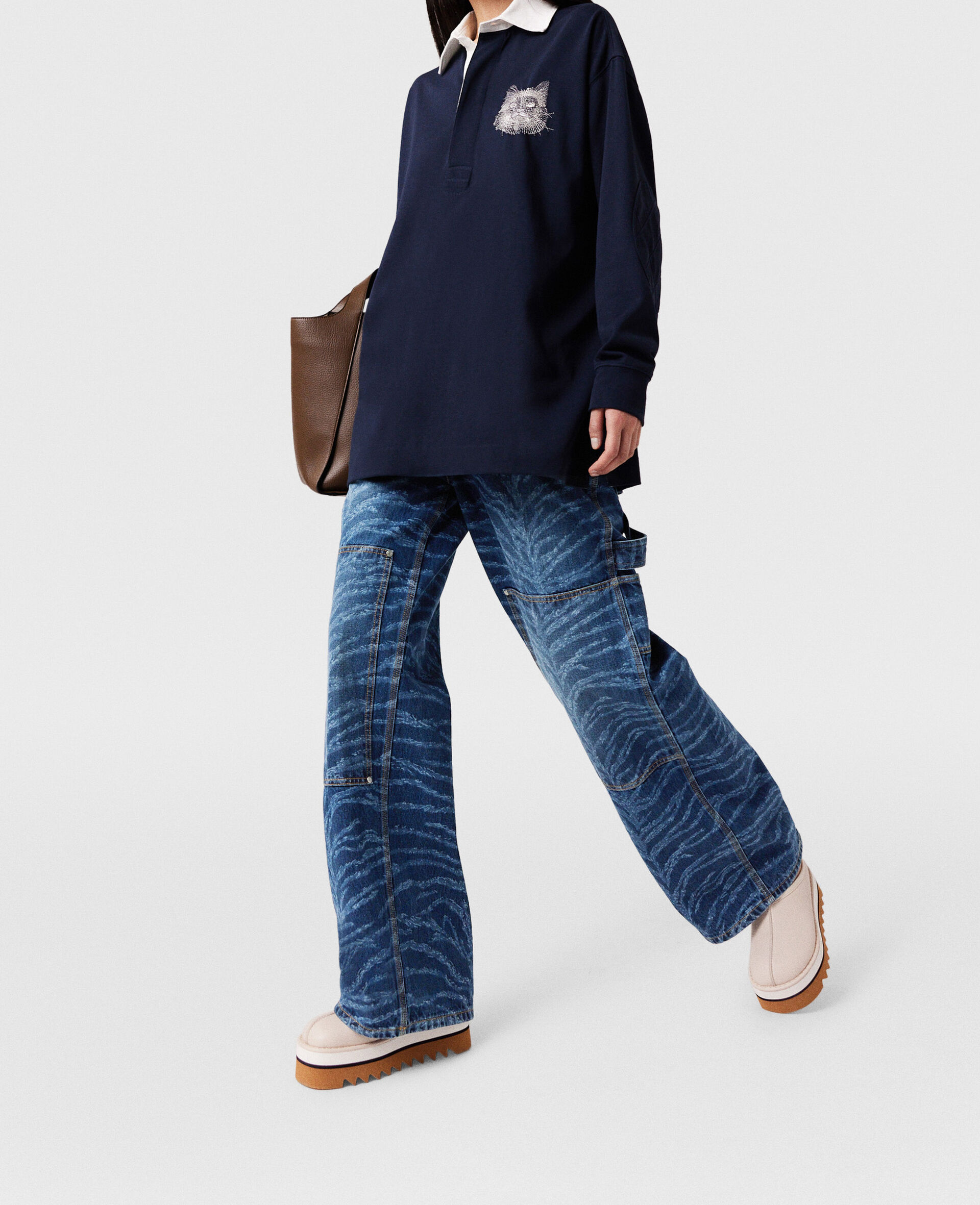 Cat-Embroidered Sweatshirt Dress-Blue-large image number 4